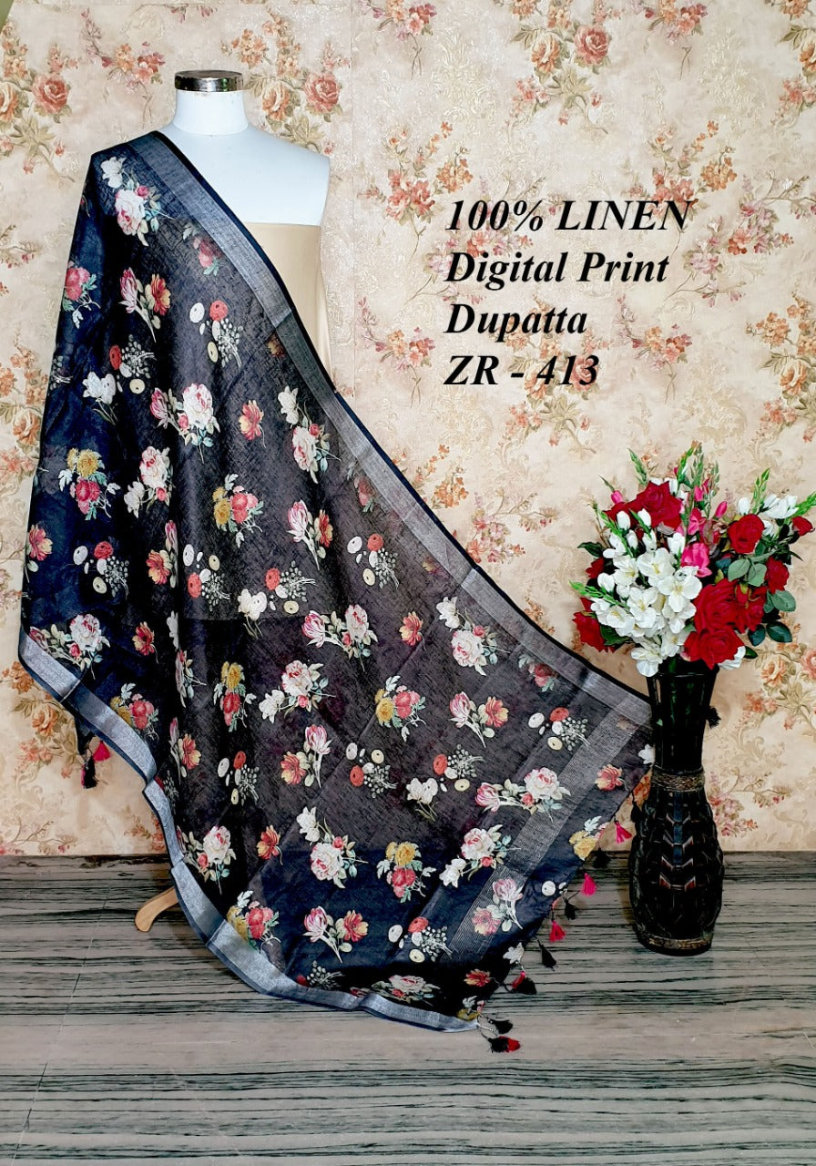 Pure Linen Digital Print Dupatta with Silver Border and Tassles