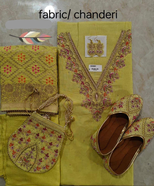 Banarasi Dress Material with Matching Potli Top - Blend Chanderi with Embroidery (2.5 Meter)