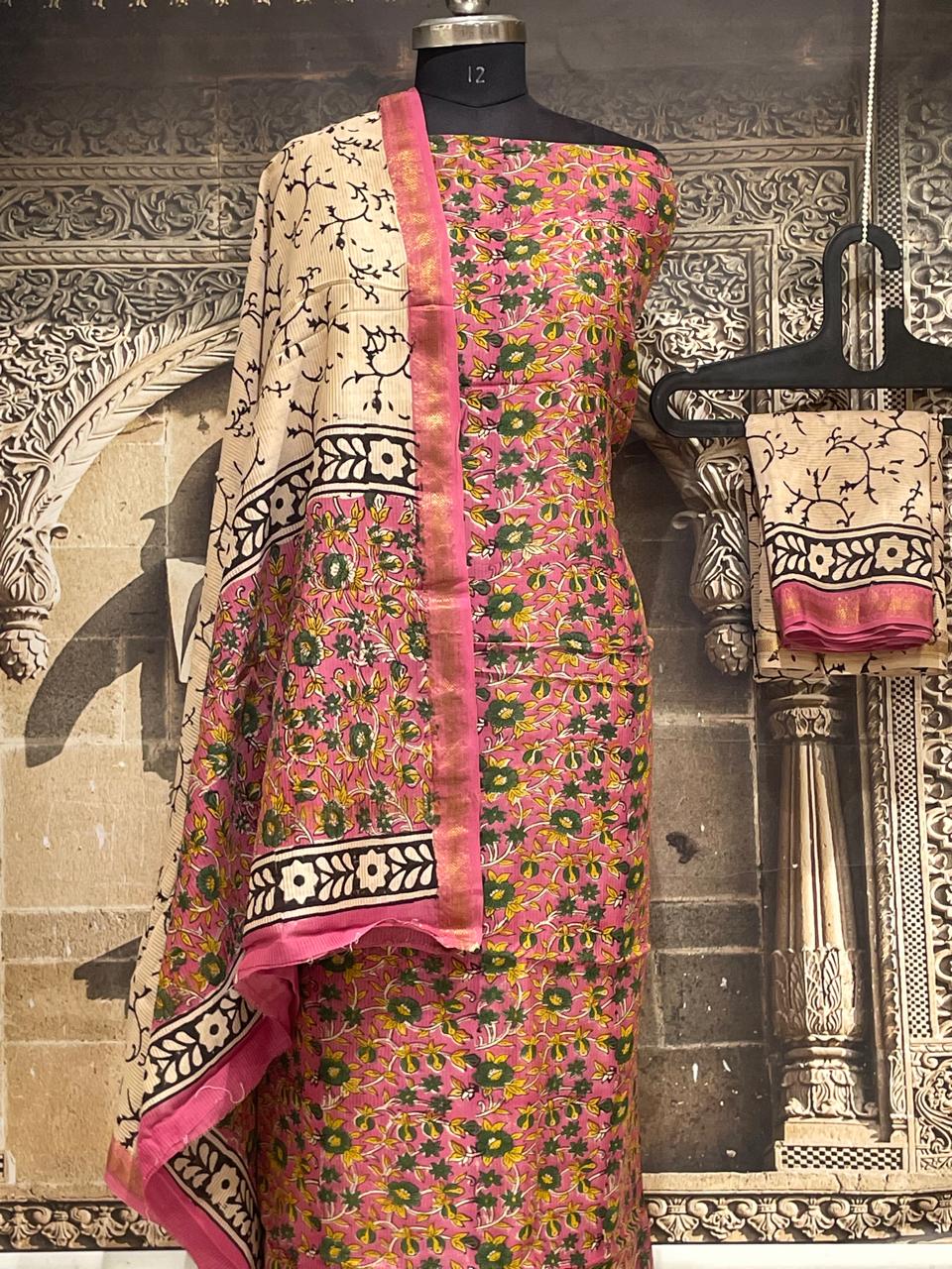 Kalamkari Maheshwari Silk Cotton Dress Material