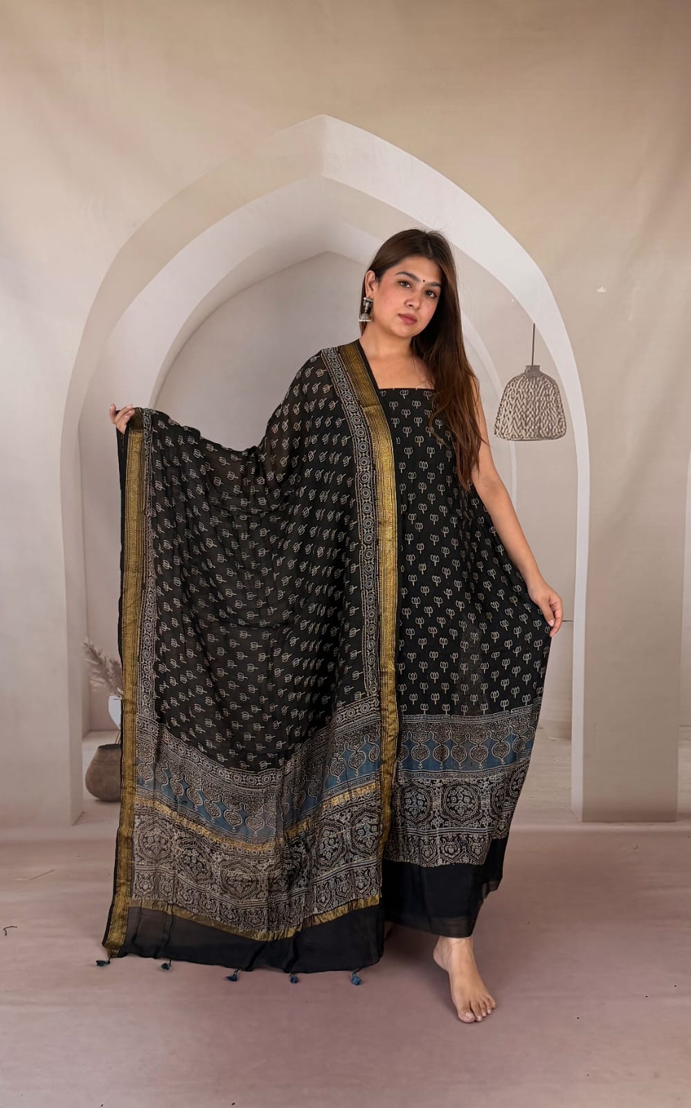 Ajrakh Maheshwari Silk Cotton dress Material