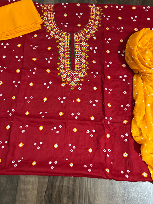 Deep Red - Yellow Bandhej Cotton HandWork and mirror work Dress Material with Pure Chiffon Dupatta