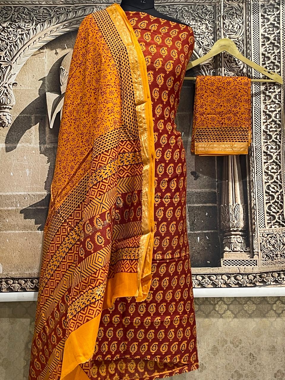 Bagh Print Maheshwari Silk Cotton Dress Material