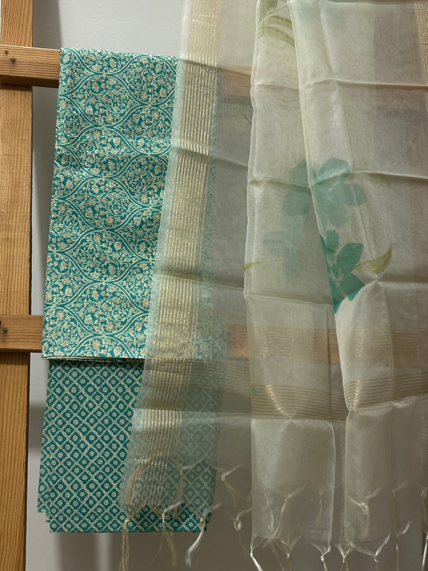 Hand BlockPrint Cotton Dress Material with Organza Dupatta *