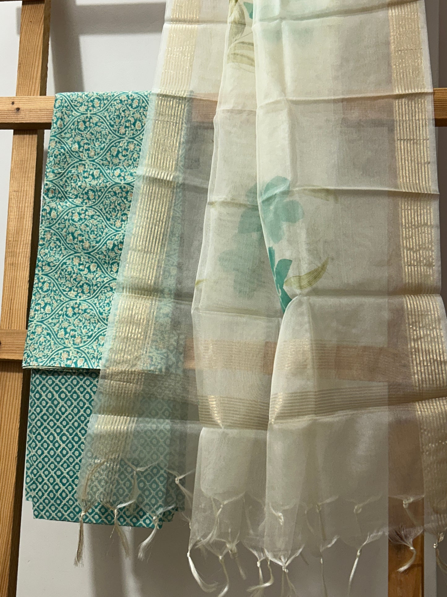 Hand BlockPrint Cotton Dress Material with Organza Dupatta *