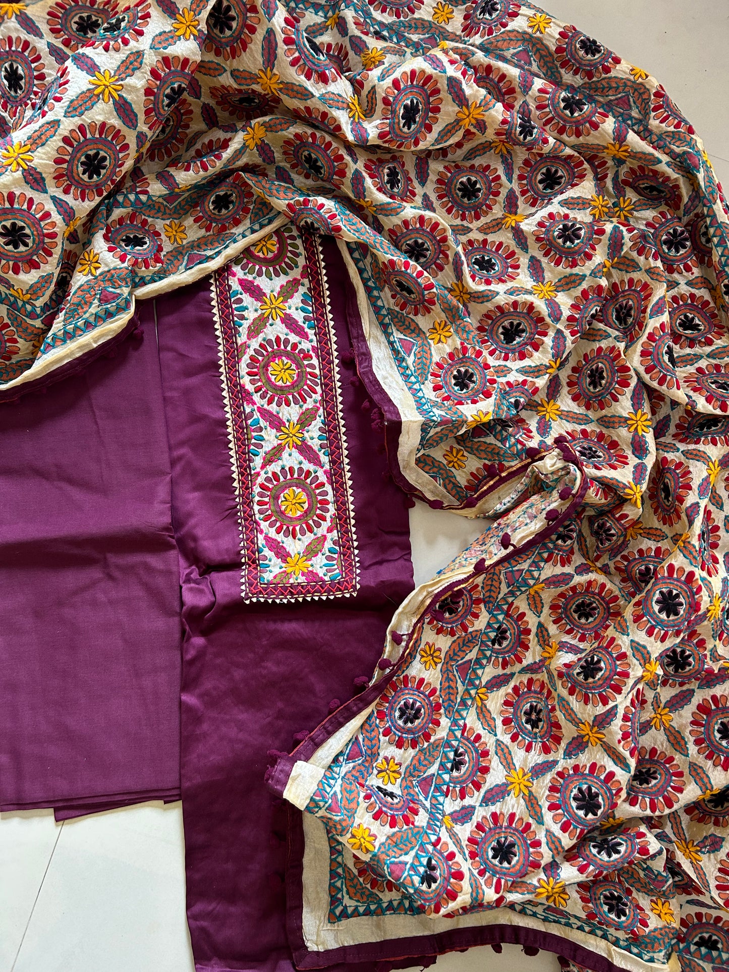 Bandhej Jam Cotton Dress Material with Hand Embroidered phulkari Dupatta