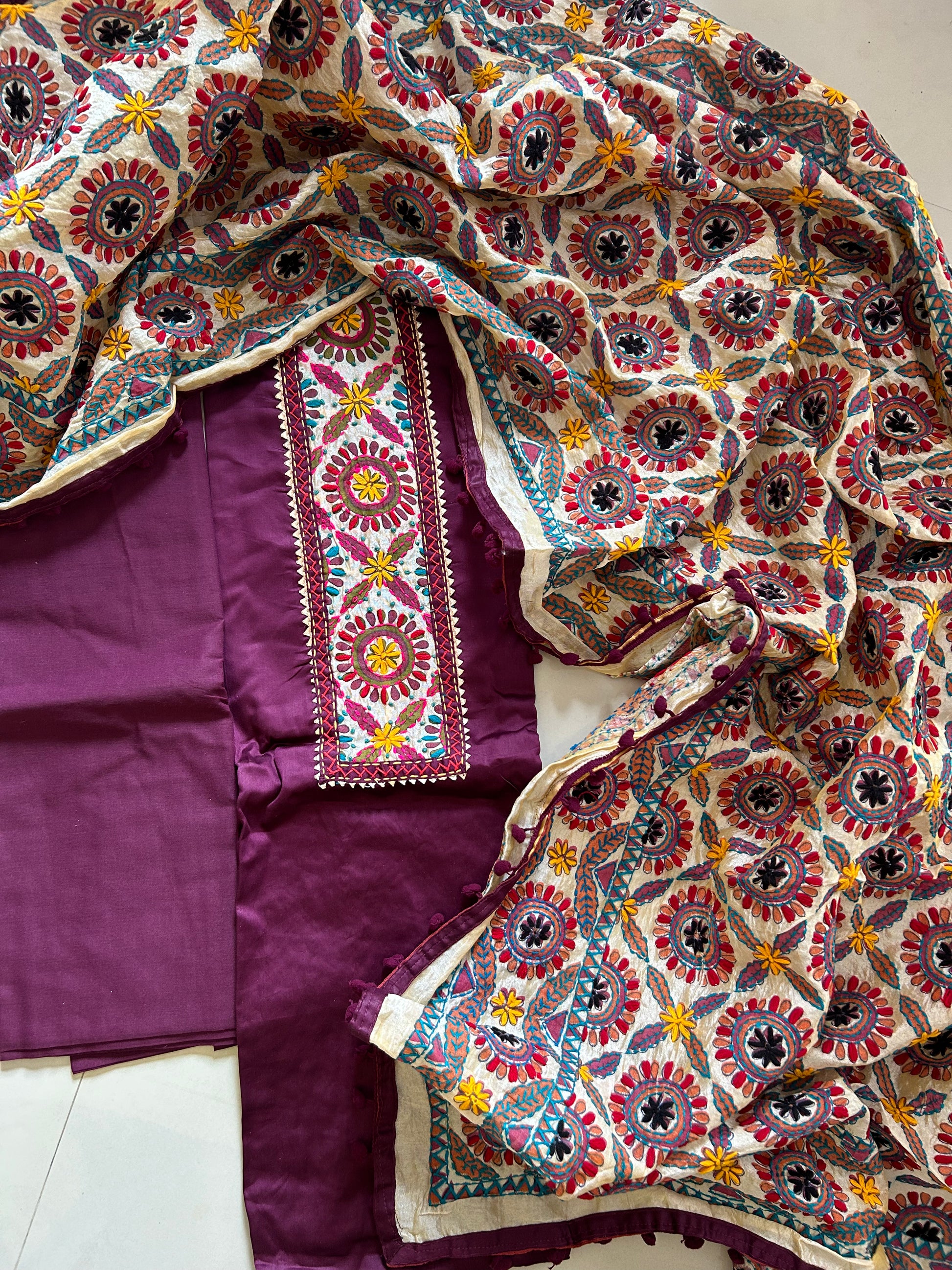 Bandhej Jam Cotton Dress Material with Hand Embroidered phulkari Dupatta
