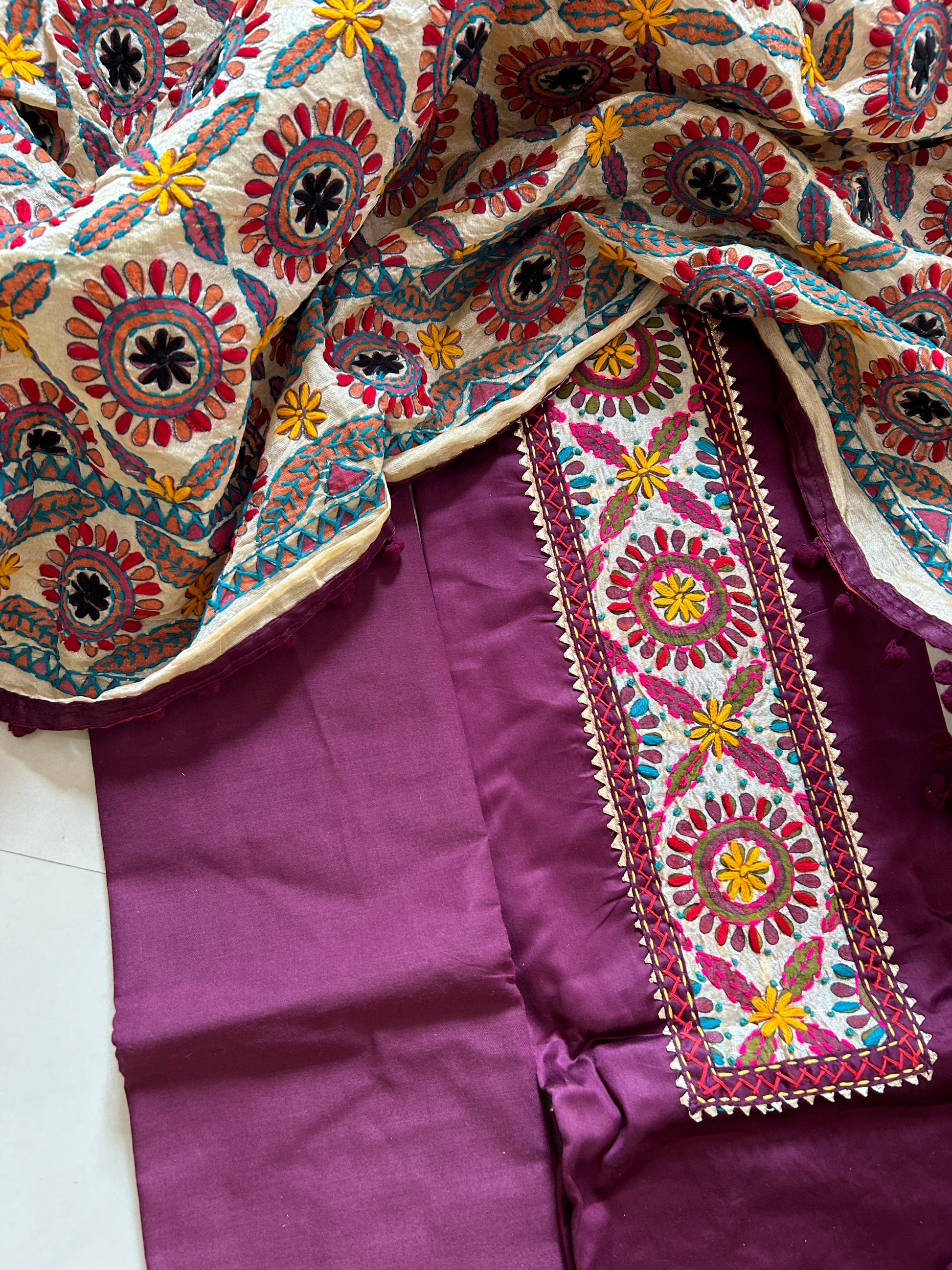 Bandhej Jam Cotton Dress Material with Hand Embroidered phulkari Dupatta