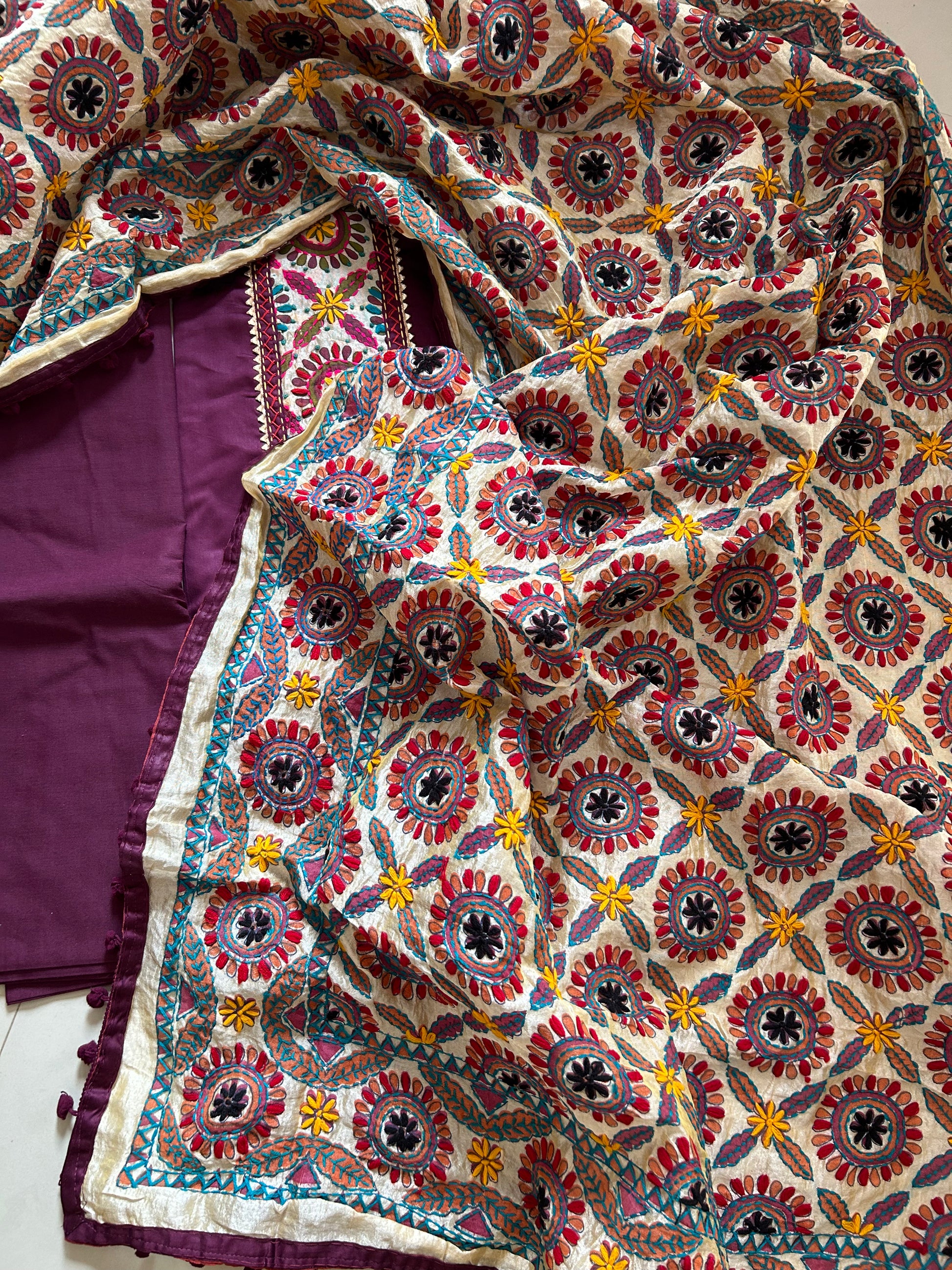 Bandhej Jam Cotton Dress Material with Hand Embroidered phulkari Dupatta