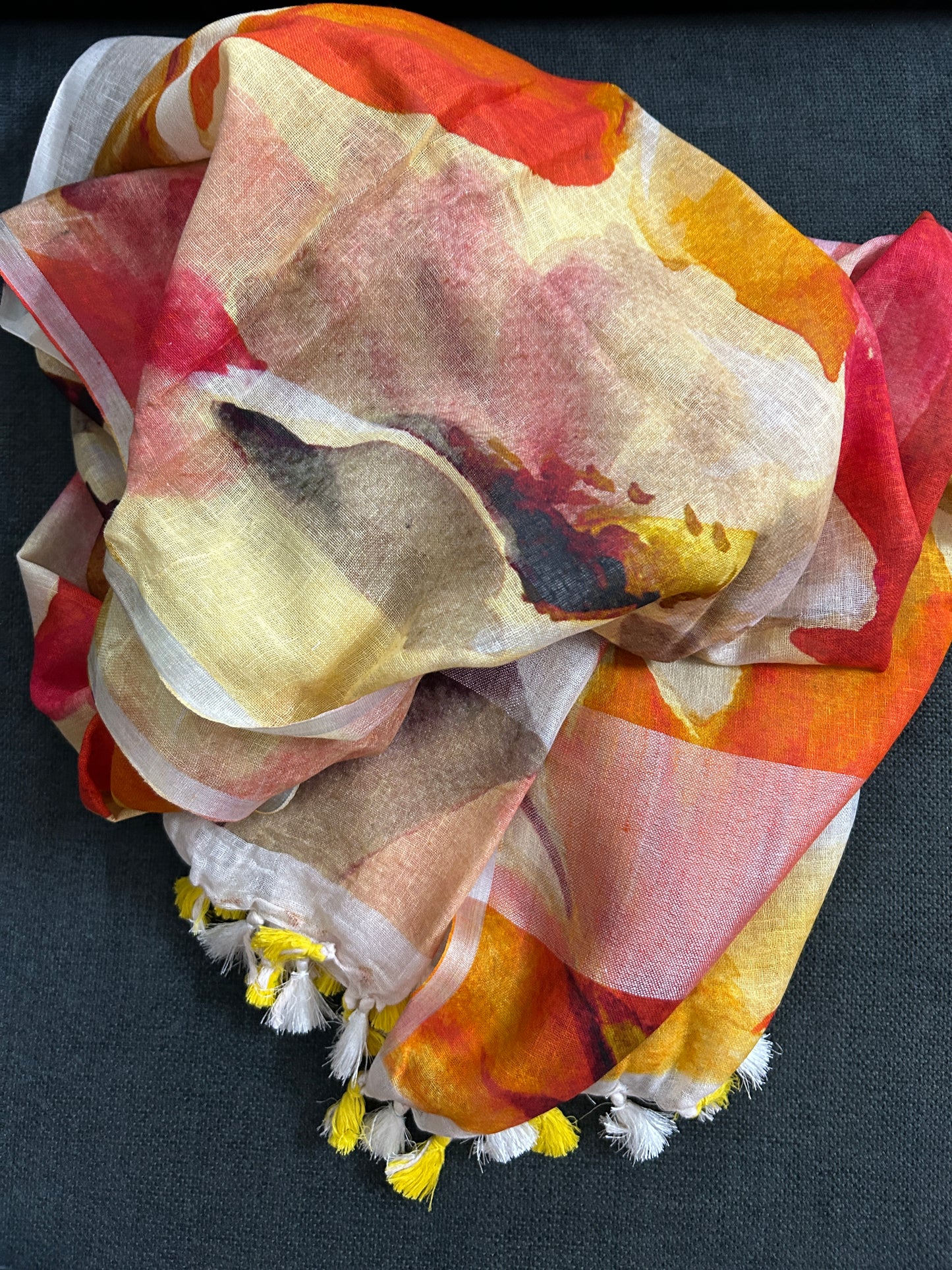 Pure Linen Digital Print Dupatta with Silver Border and Tassles *