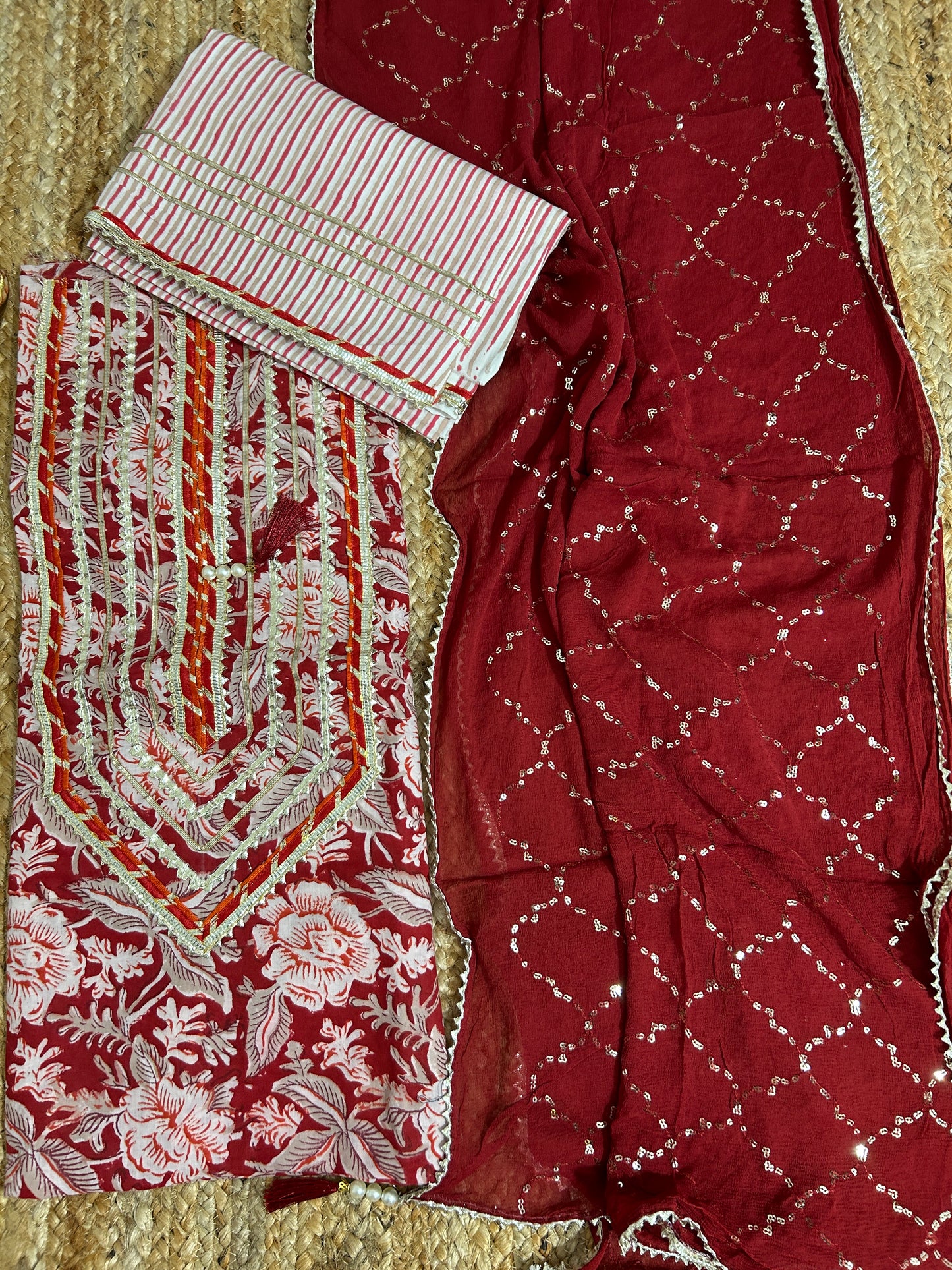 Hand BlockPrint Cotton Dress Material with Pure Chiffon Dupatta *