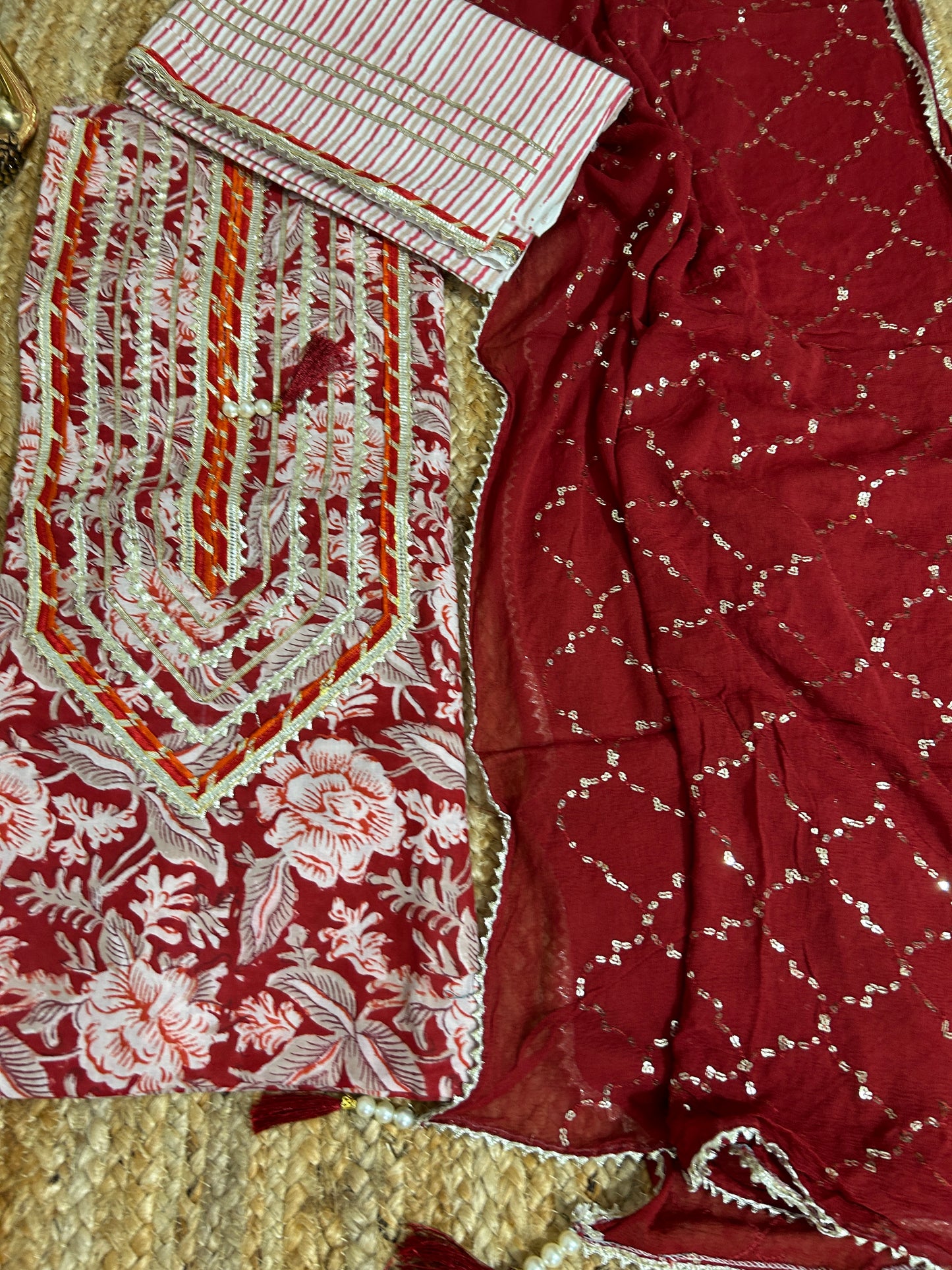 Hand BlockPrint Cotton Dress Material with Pure Chiffon Dupatta *