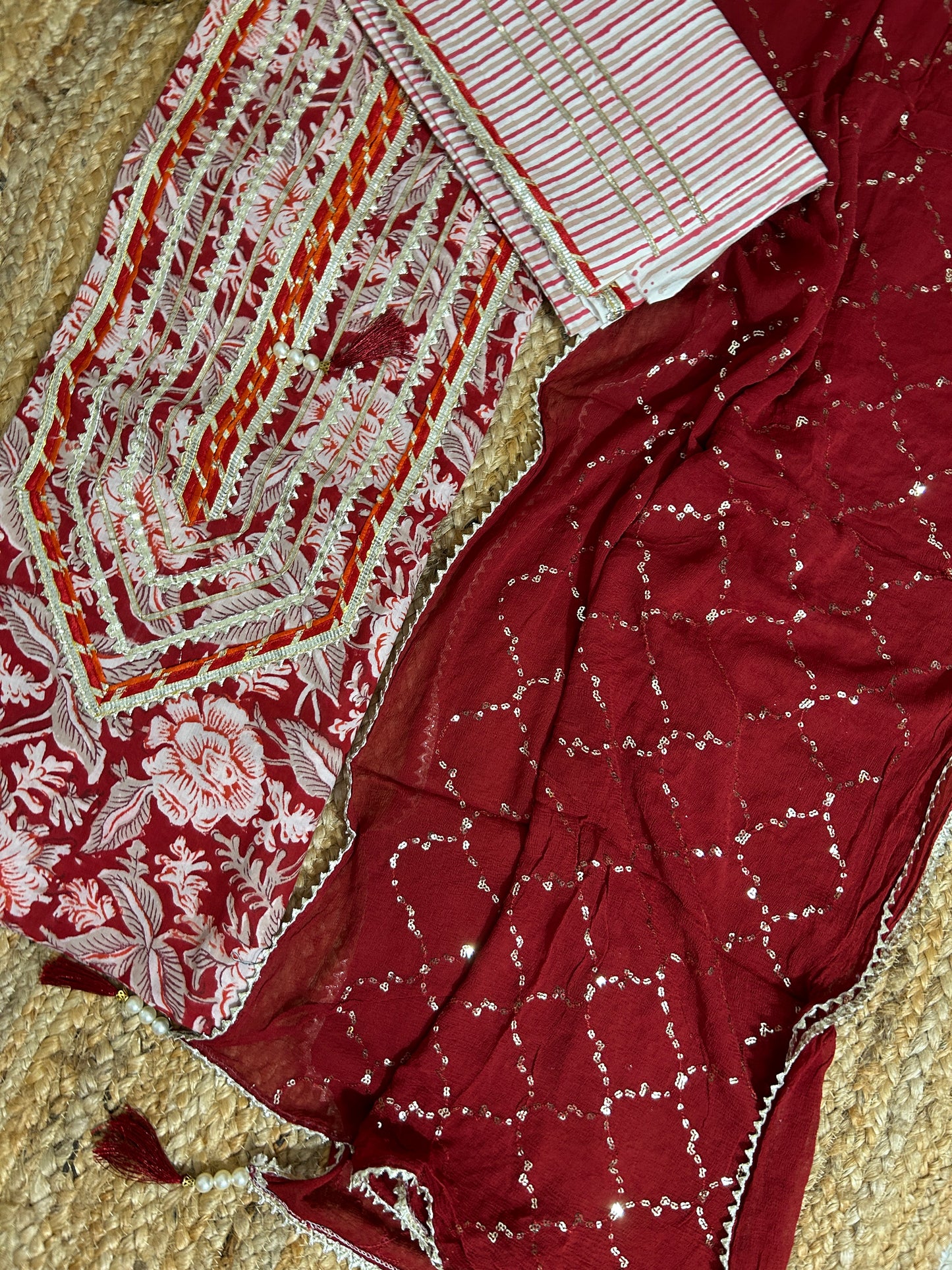 Hand BlockPrint Cotton Dress Material with Pure Chiffon Dupatta *