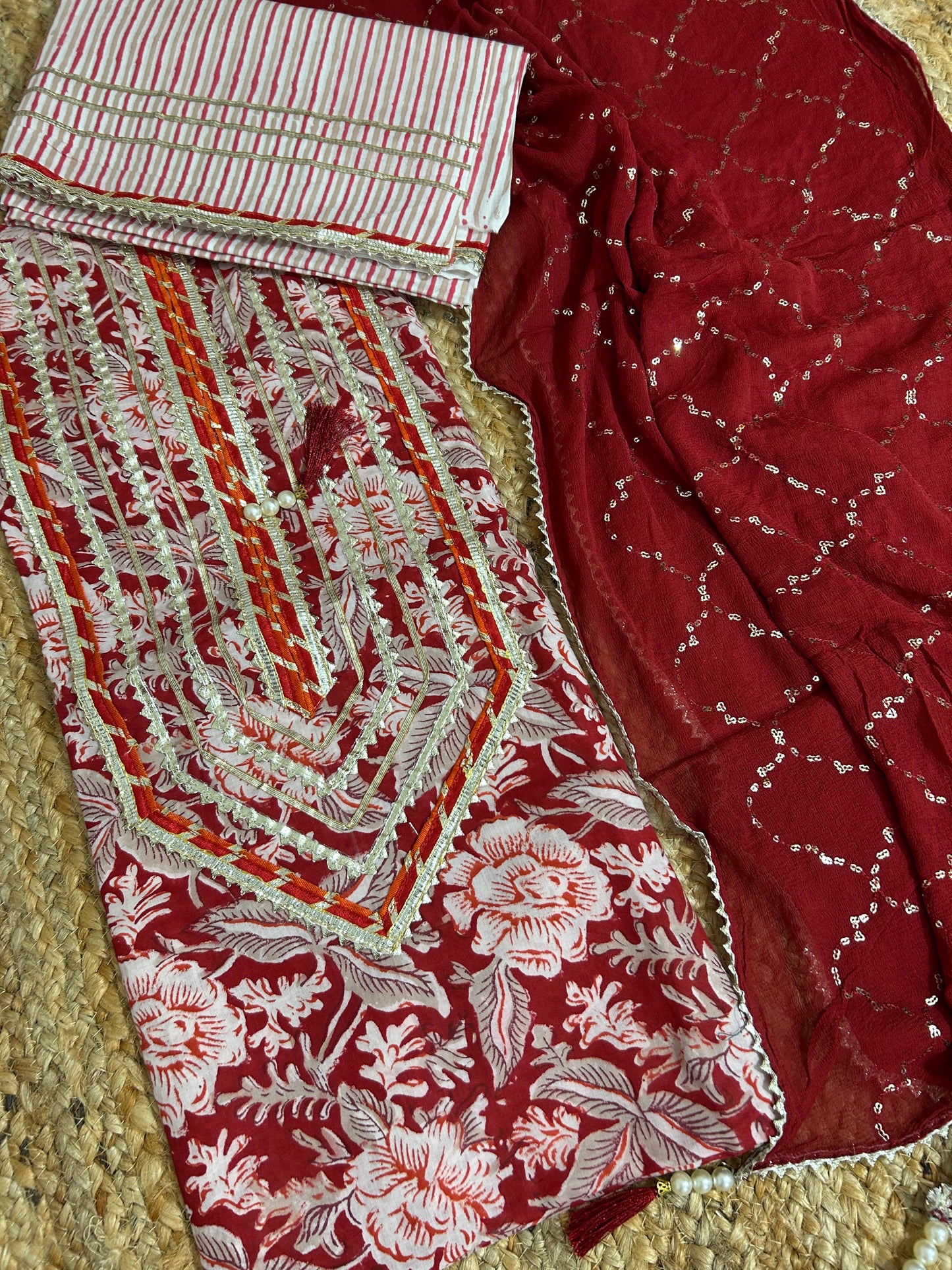 Hand BlockPrint Cotton Dress Material with Pure Chiffon Dupatta *