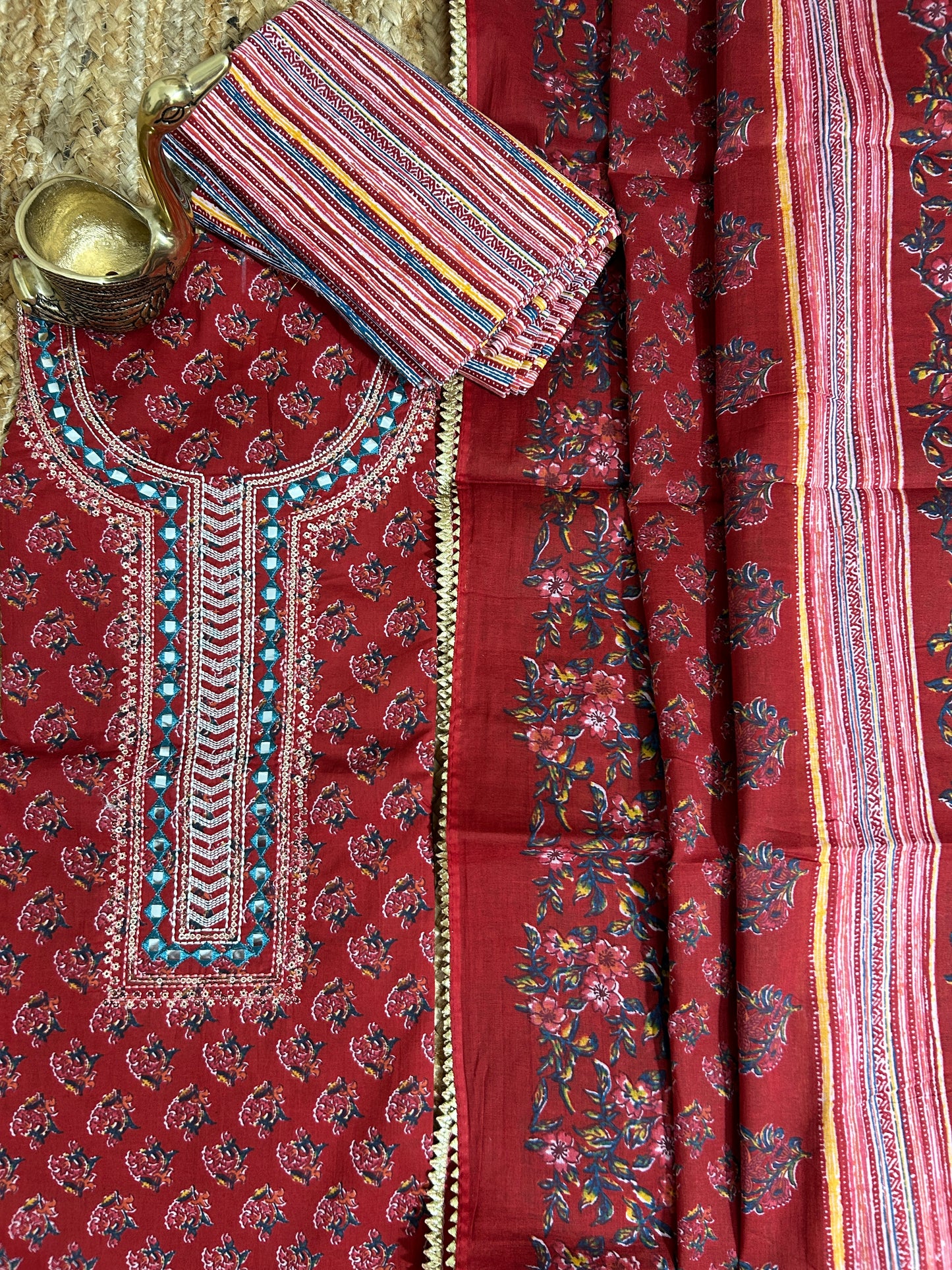 Embroidered Cotton Dress Material with Cotton Dupatta *