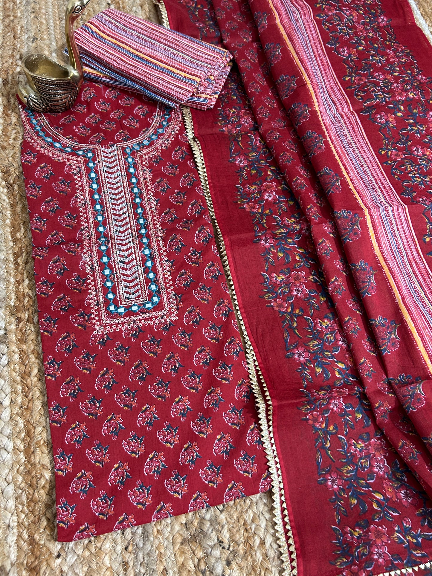Embroidered Cotton Dress Material with Cotton Dupatta *