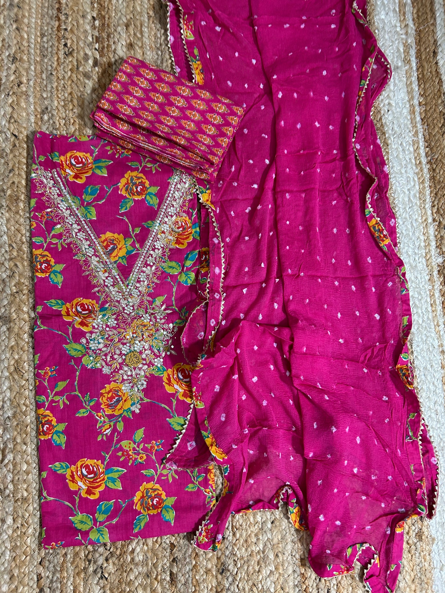 Cotton Handwork Dress Material with Pure Chiffon Dupatta *
