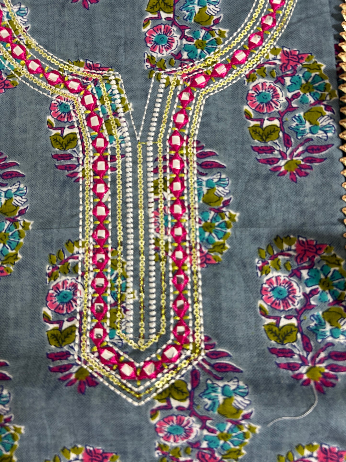 Hand Blockprint Cotton Embroidered Dress Material with Cotton Dupatta *