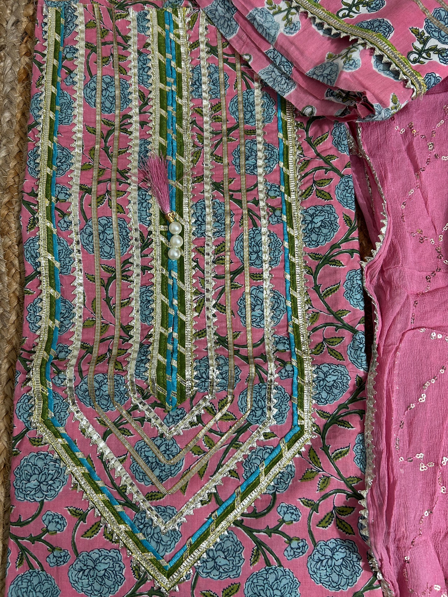 Hand BlockPrint Cotton Dress Material with Pure Chiffon Sequins Dupatta *