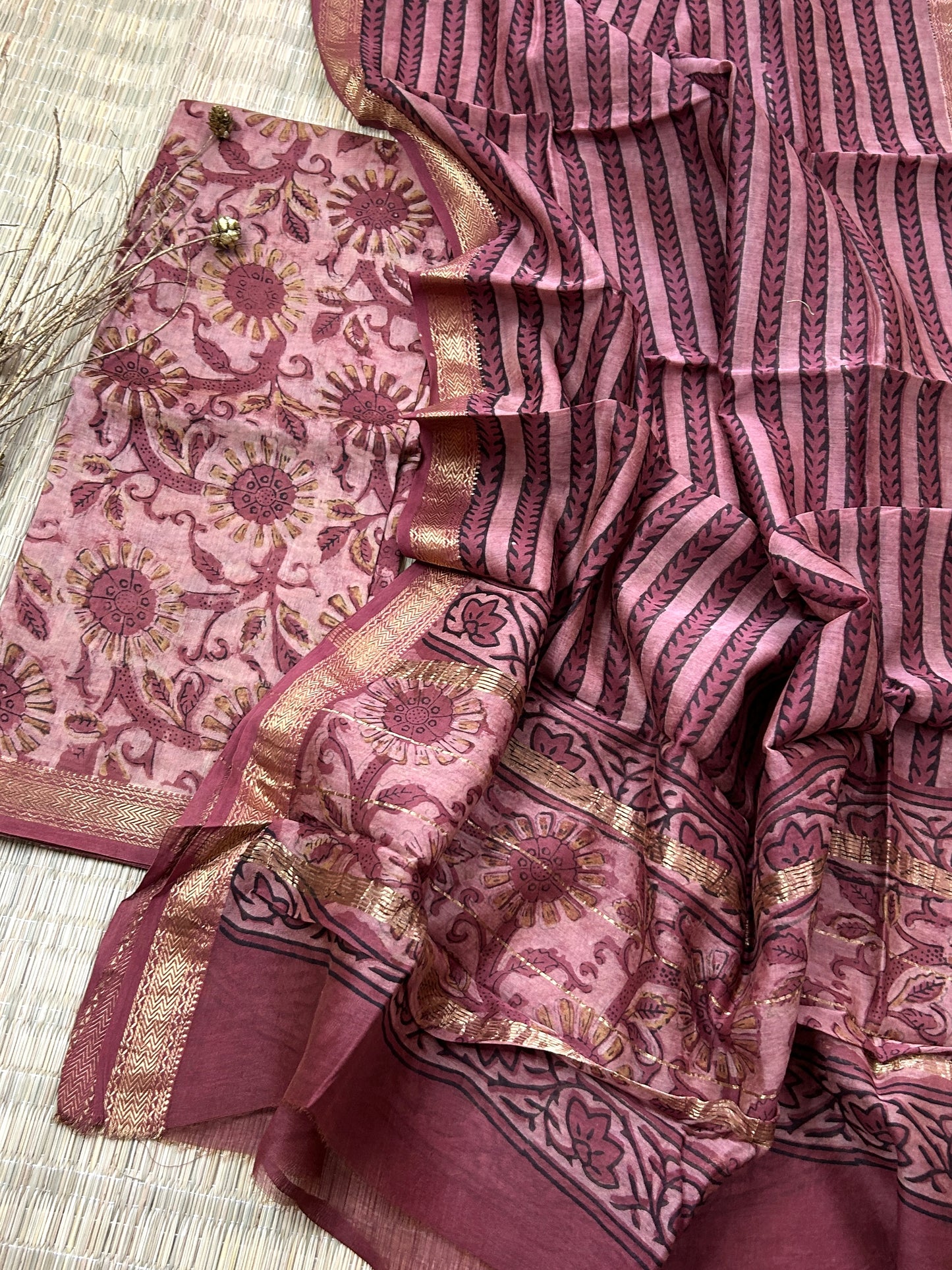 Ajrakh BlockPrint Maheshwari Silk Cotton Top Dupatta Set