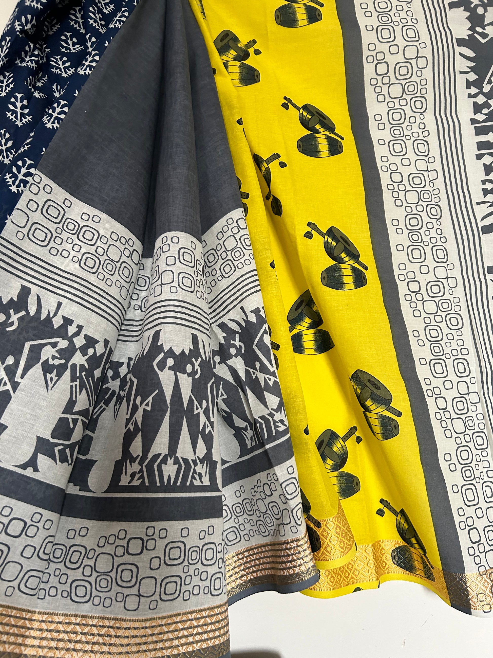 Hand Blockprint Half and Half Cotton Saree with Maheshwari border