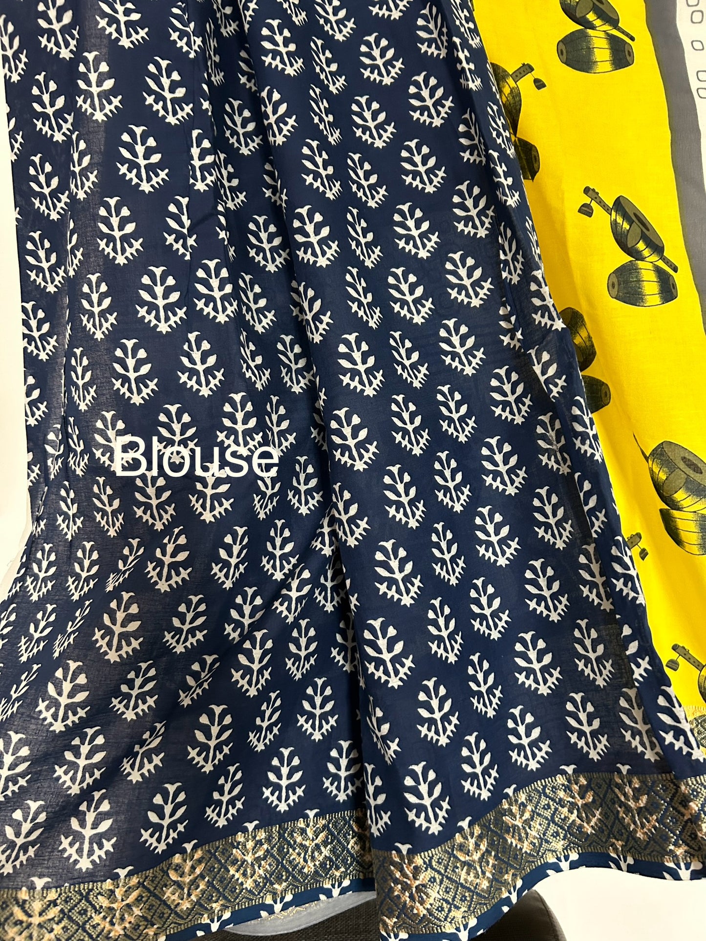 Hand Blockprint Half and Half Cotton Saree with Maheshwari border