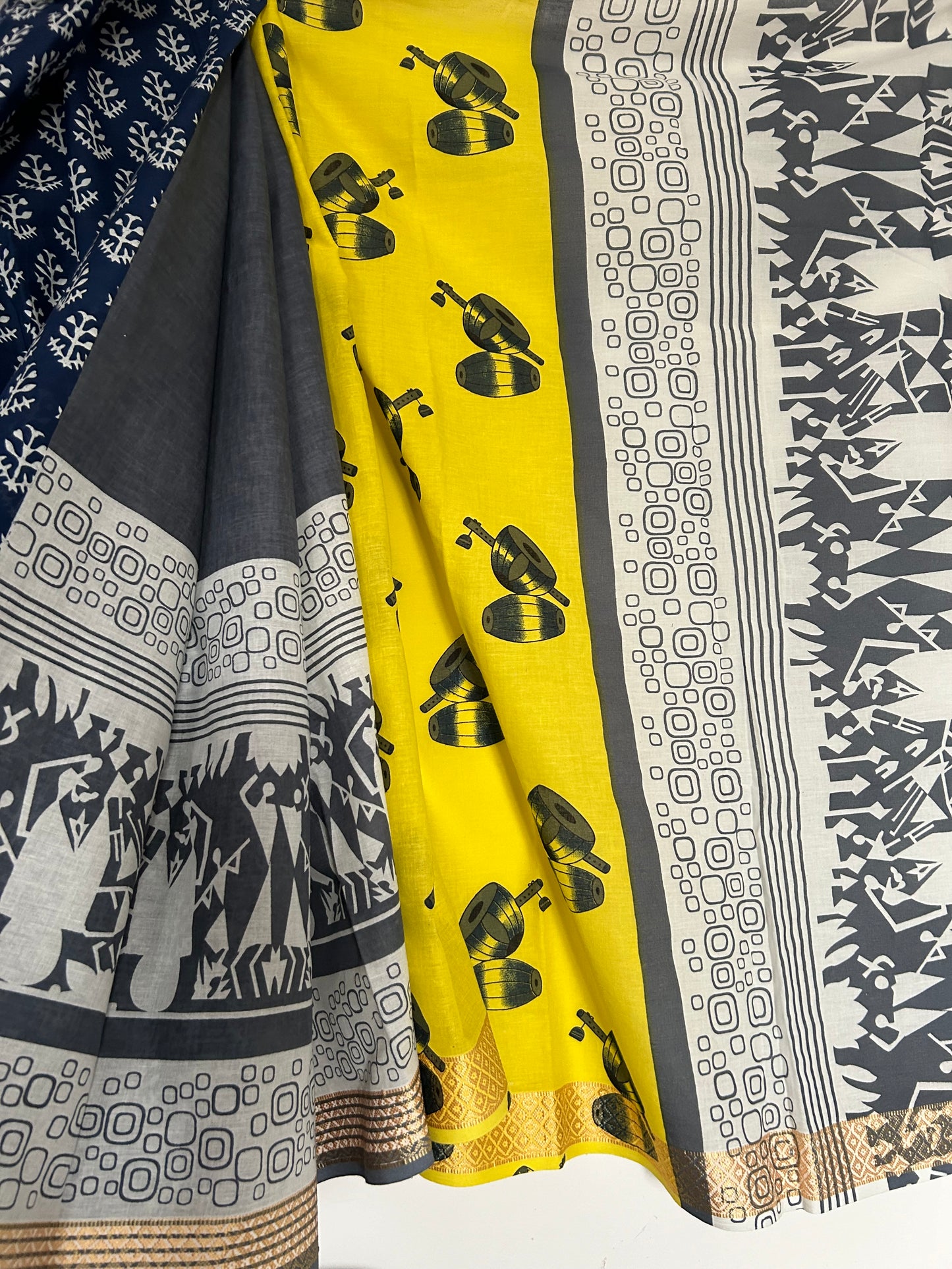 Hand Blockprint Half and Half Cotton Saree with Maheshwari border