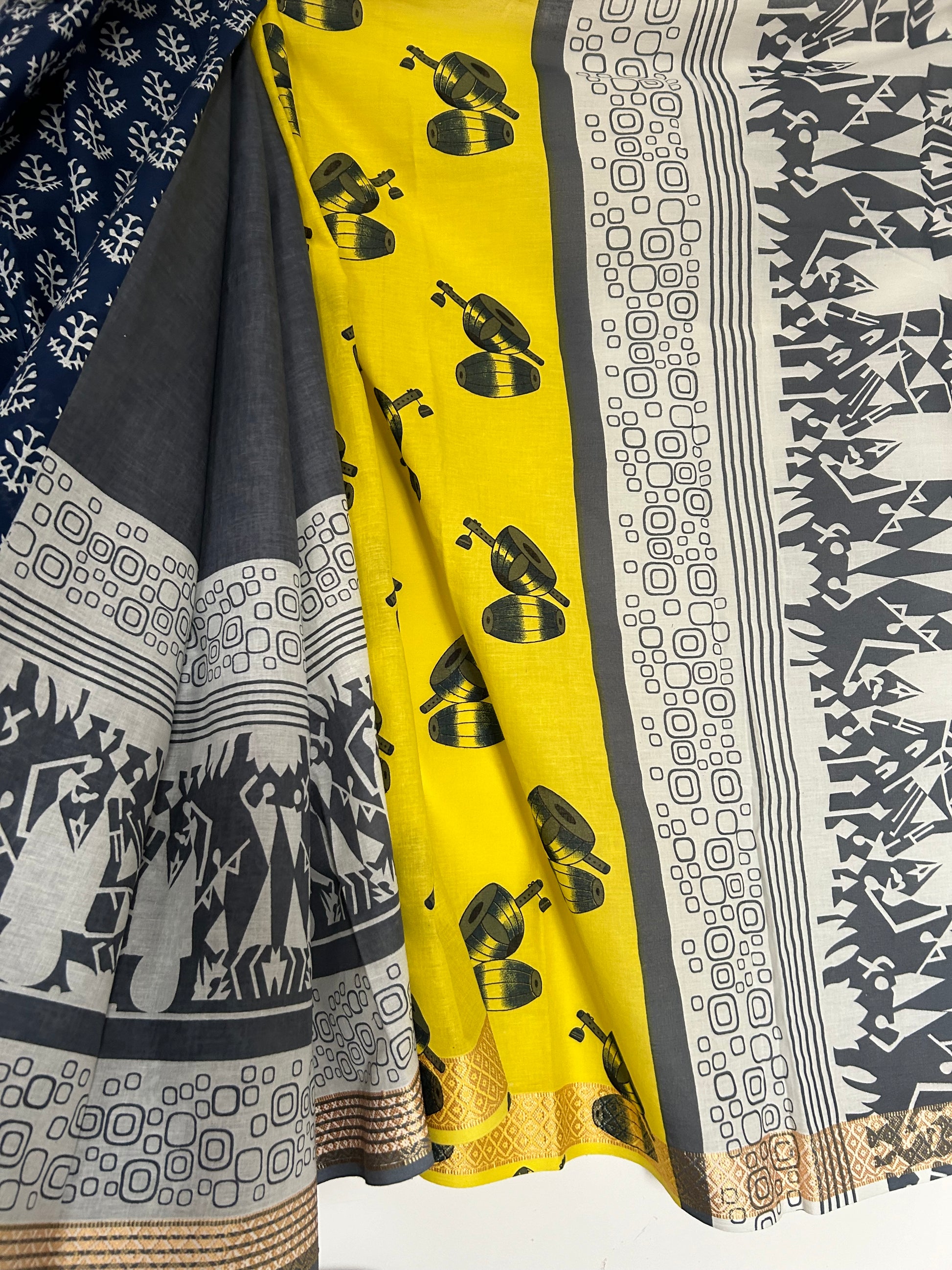 Hand Blockprint Half and Half Cotton Saree with Maheshwari border