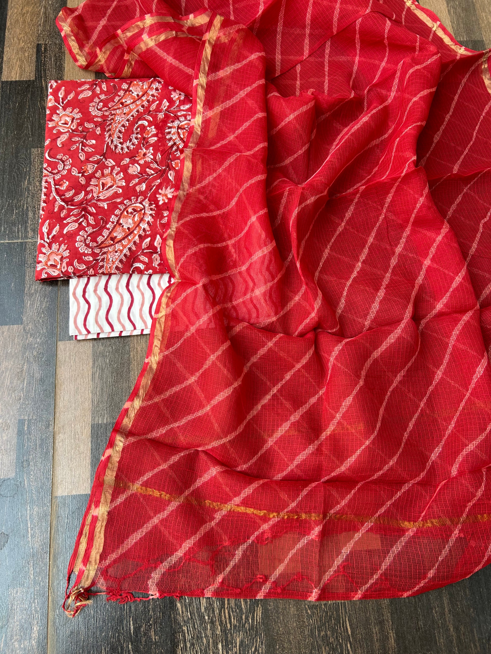 Cotton Hand BlockPrint Dress Material with Lehariya Kota DUpatta