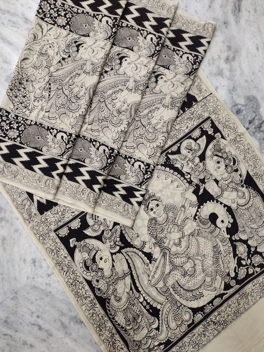 Kalamkari Hand Painted Malmal Cotton Saree with Blouse