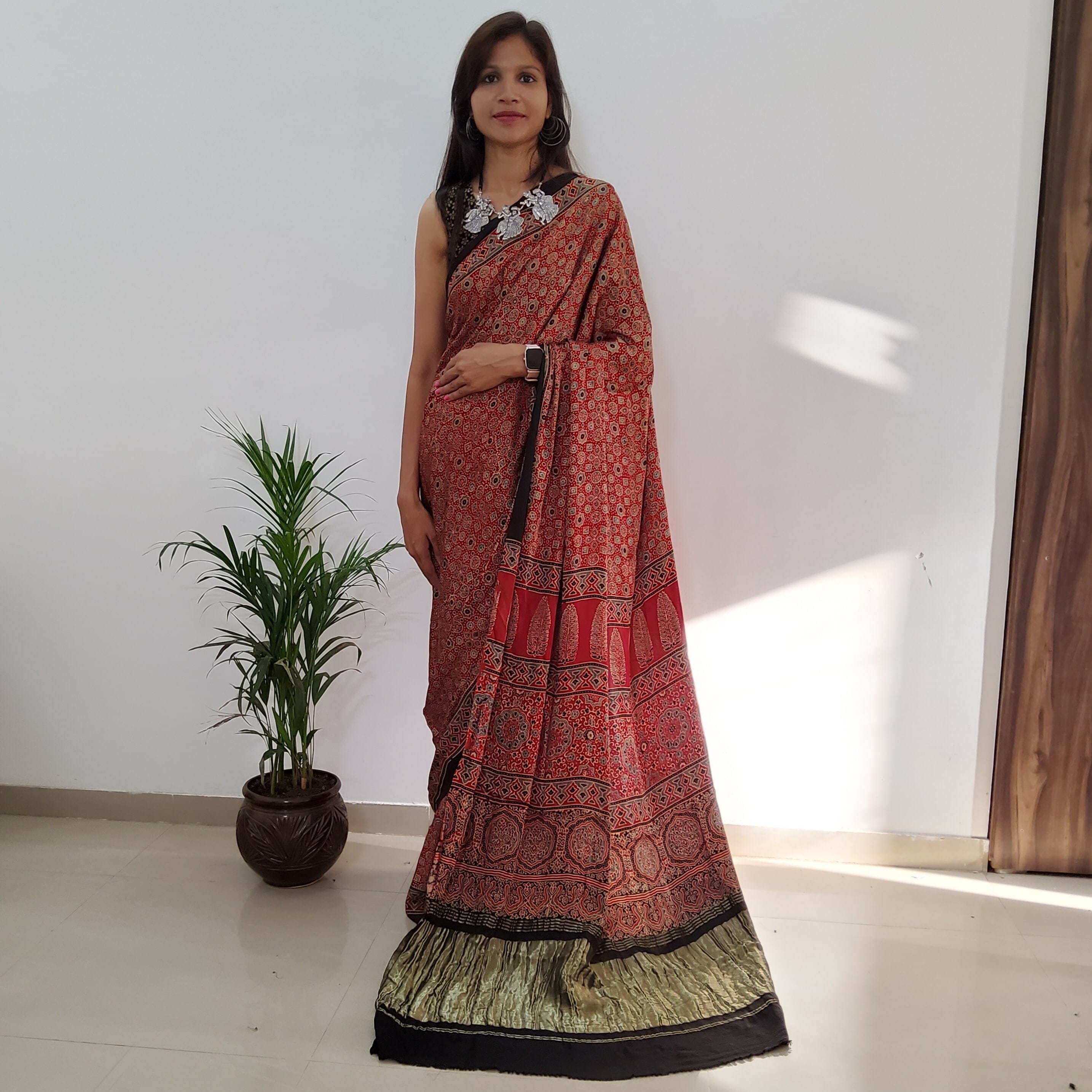 Ajrakh Modal Silk Saree with lagdi Pallu – RKG SHOPPING