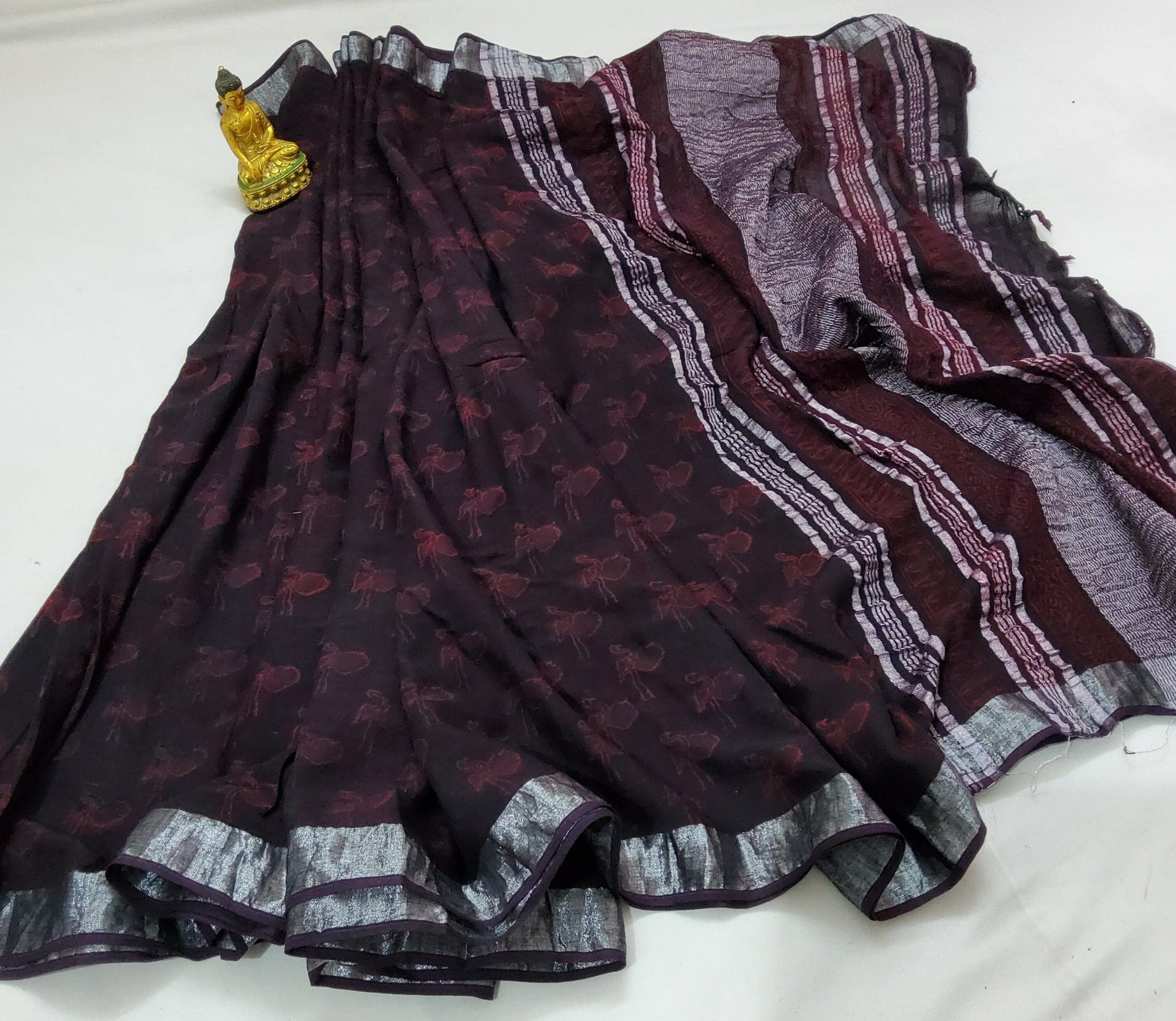 Akola Hand Block Print Linen Cotton Saree with SIlver Border