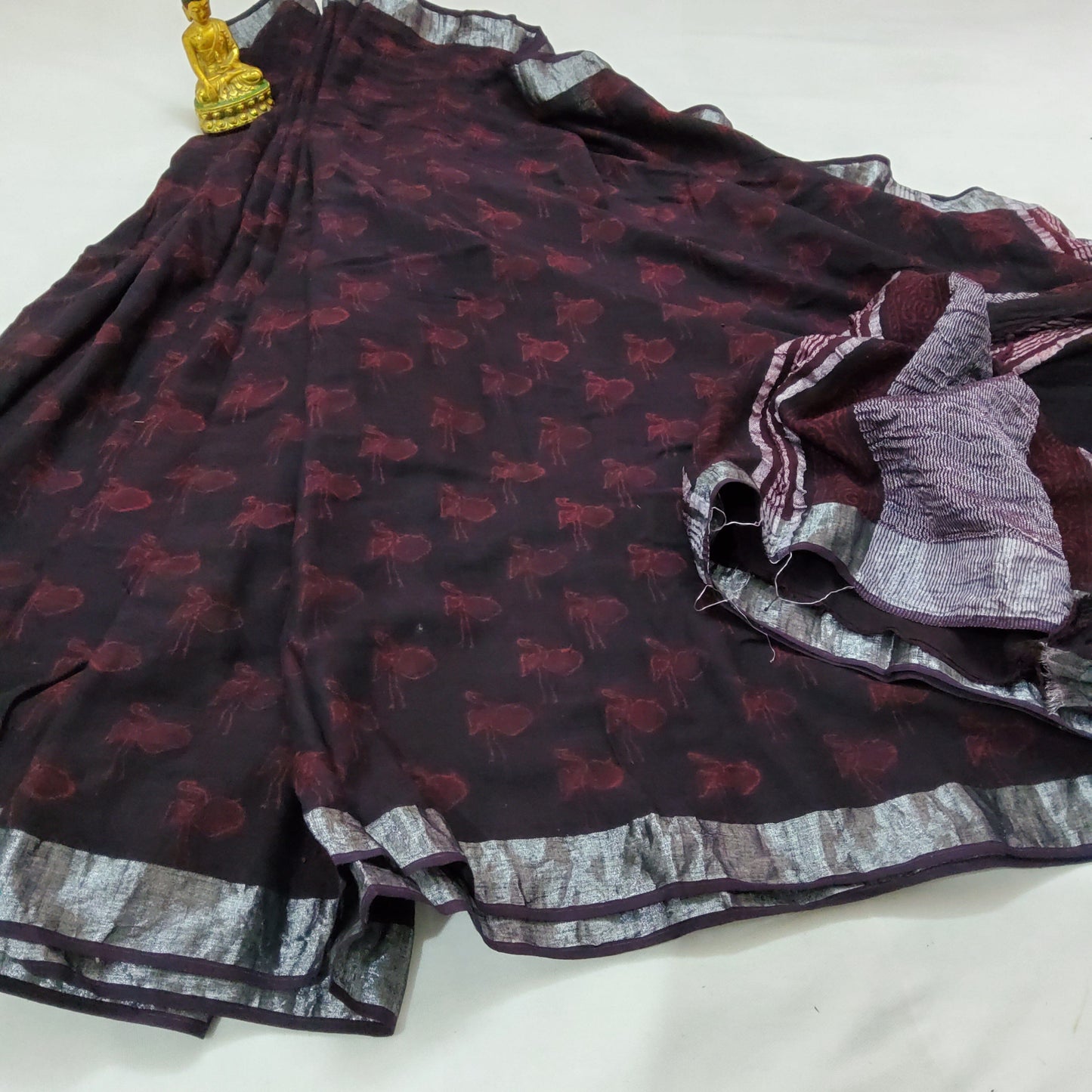 Akola Hand Block Print Linen Cotton Saree with SIlver Border