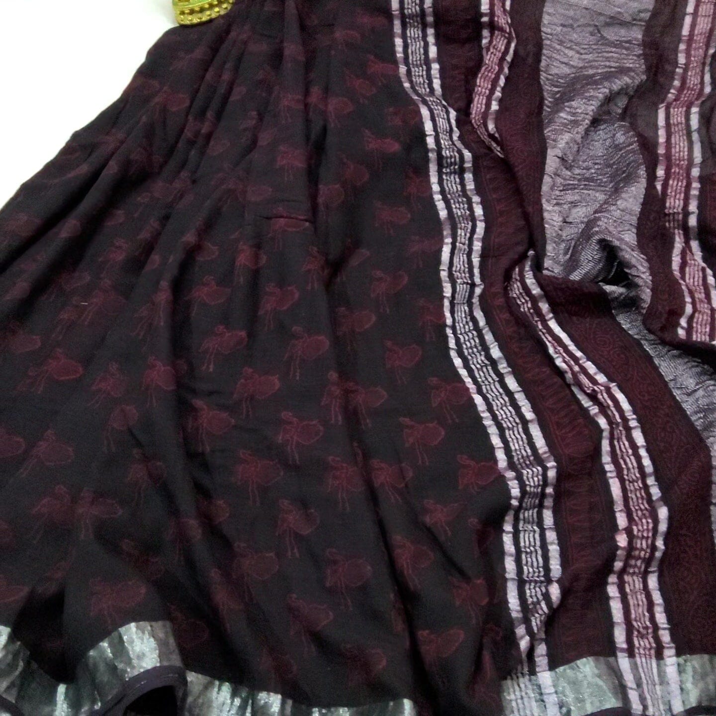 Akola Hand Block Print Linen Cotton Saree with SIlver Border