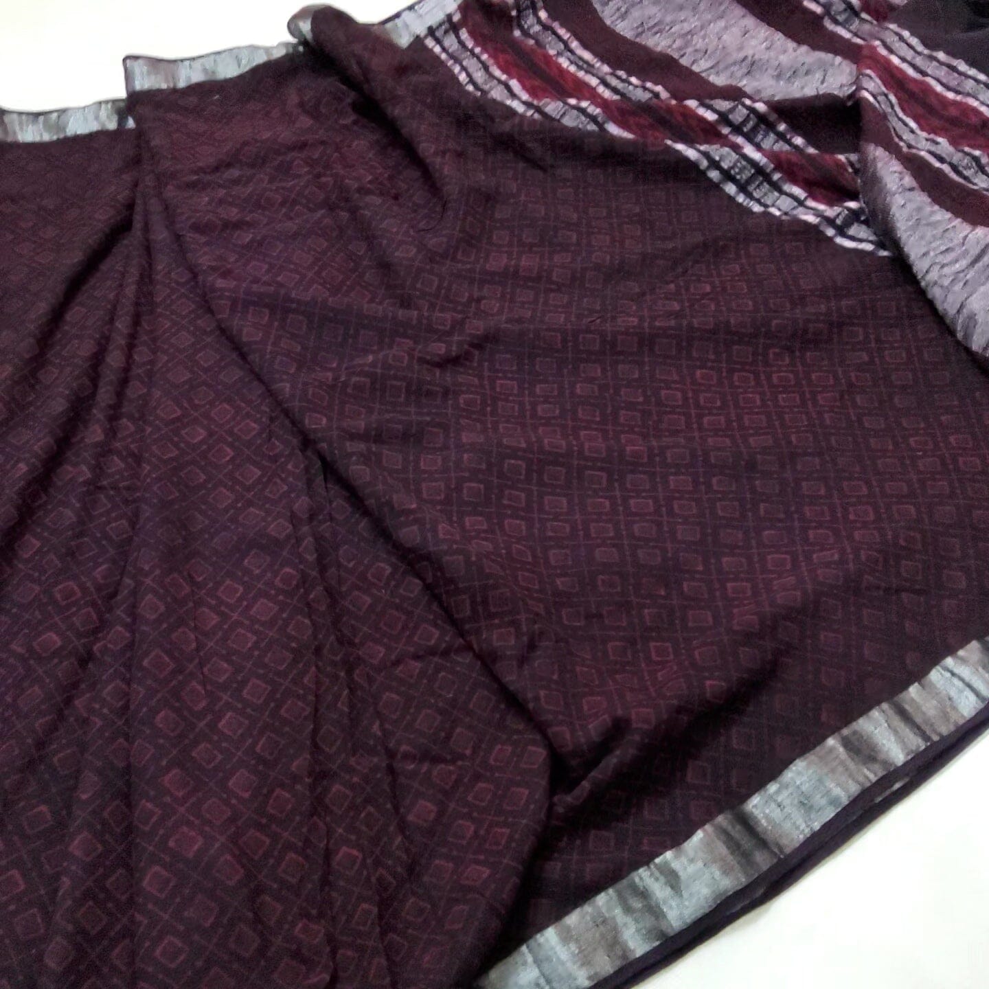 Akola Hand Block Print Linen Cotton Saree with Silver Border