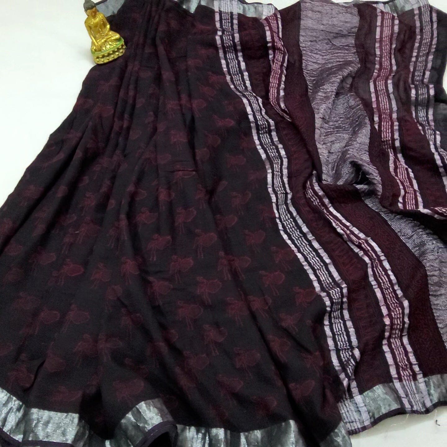 Akola Hand Block Print Linen Cotton Saree with SIlver Border