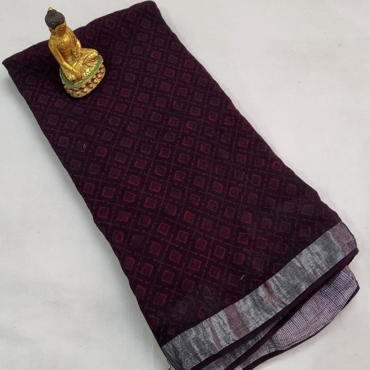 Akola Hand Block Print Linen Cotton Saree with SIlver Border