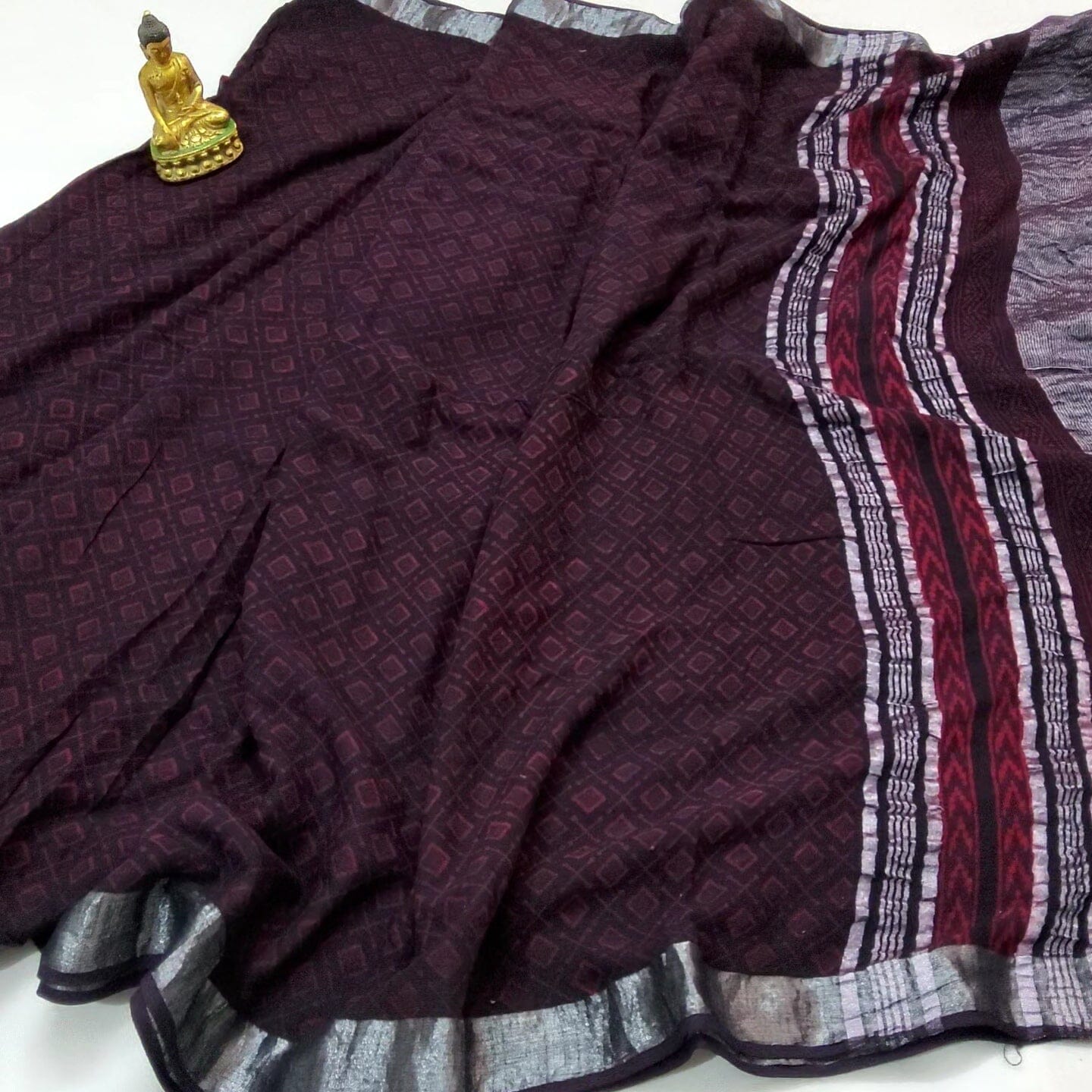Akola Hand Block Print Linen Cotton Saree with Silver Border
