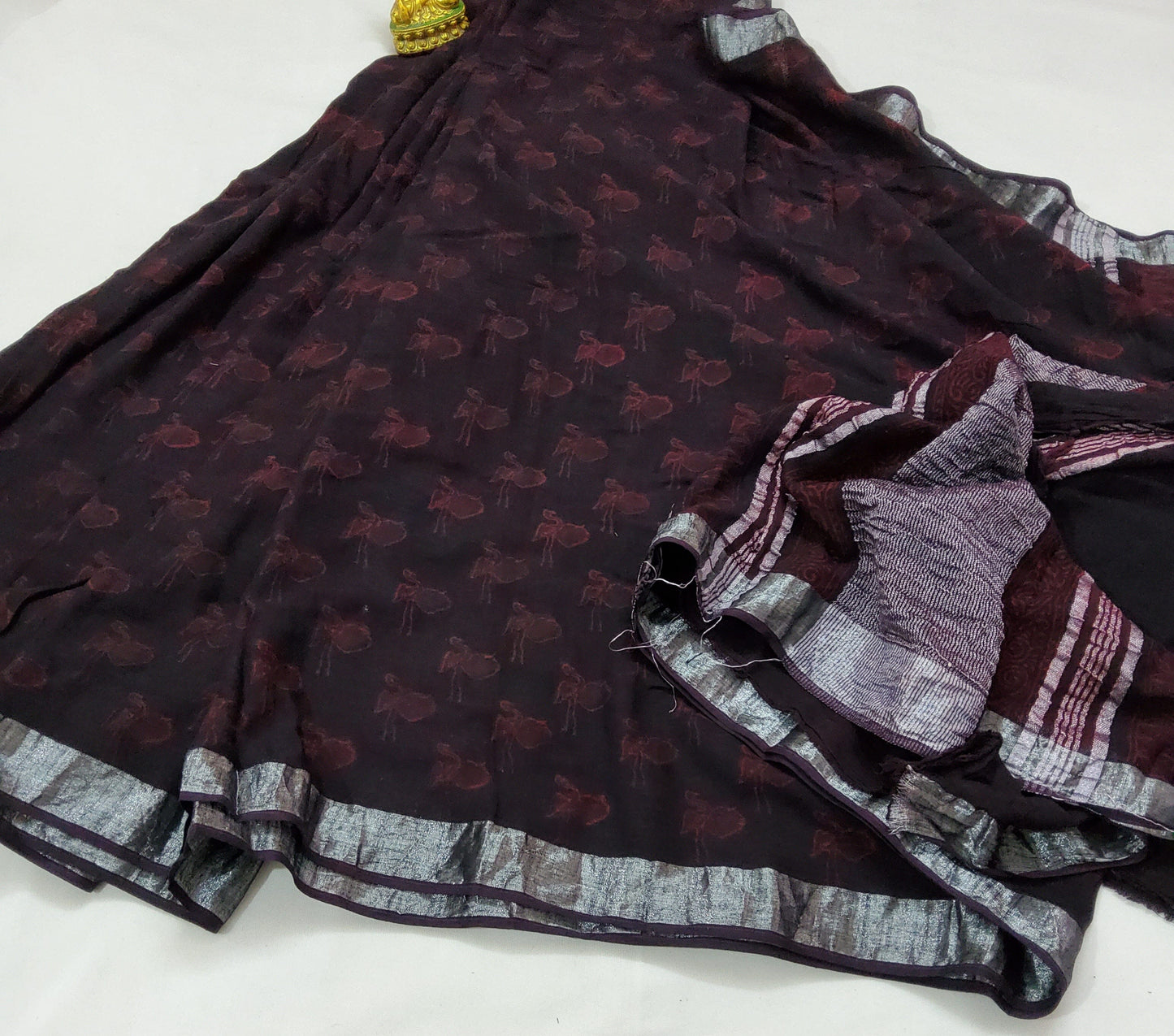 Akola Hand Block Print Linen Cotton Saree with SIlver Border