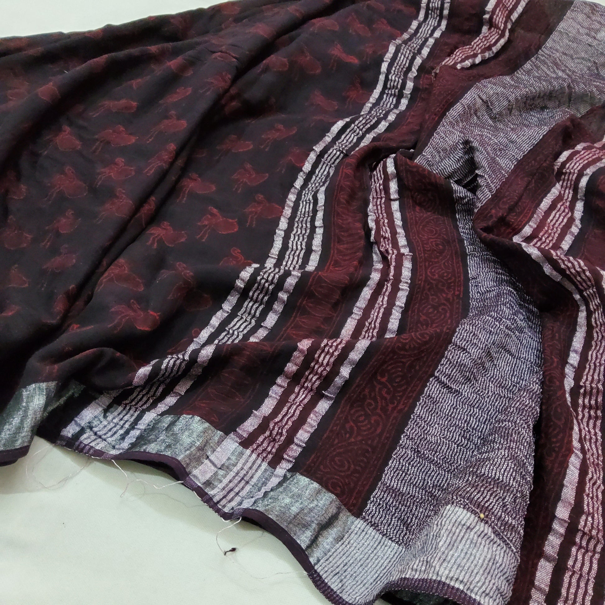 Akola Hand Block Print Linen Cotton Saree with SIlver Border