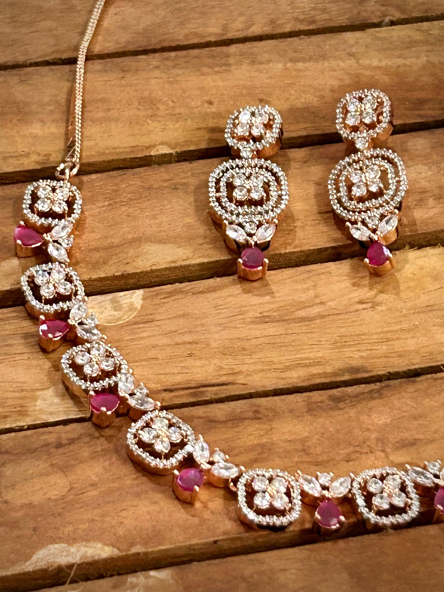 American Diamond necklace in pink stones and rose gold polish