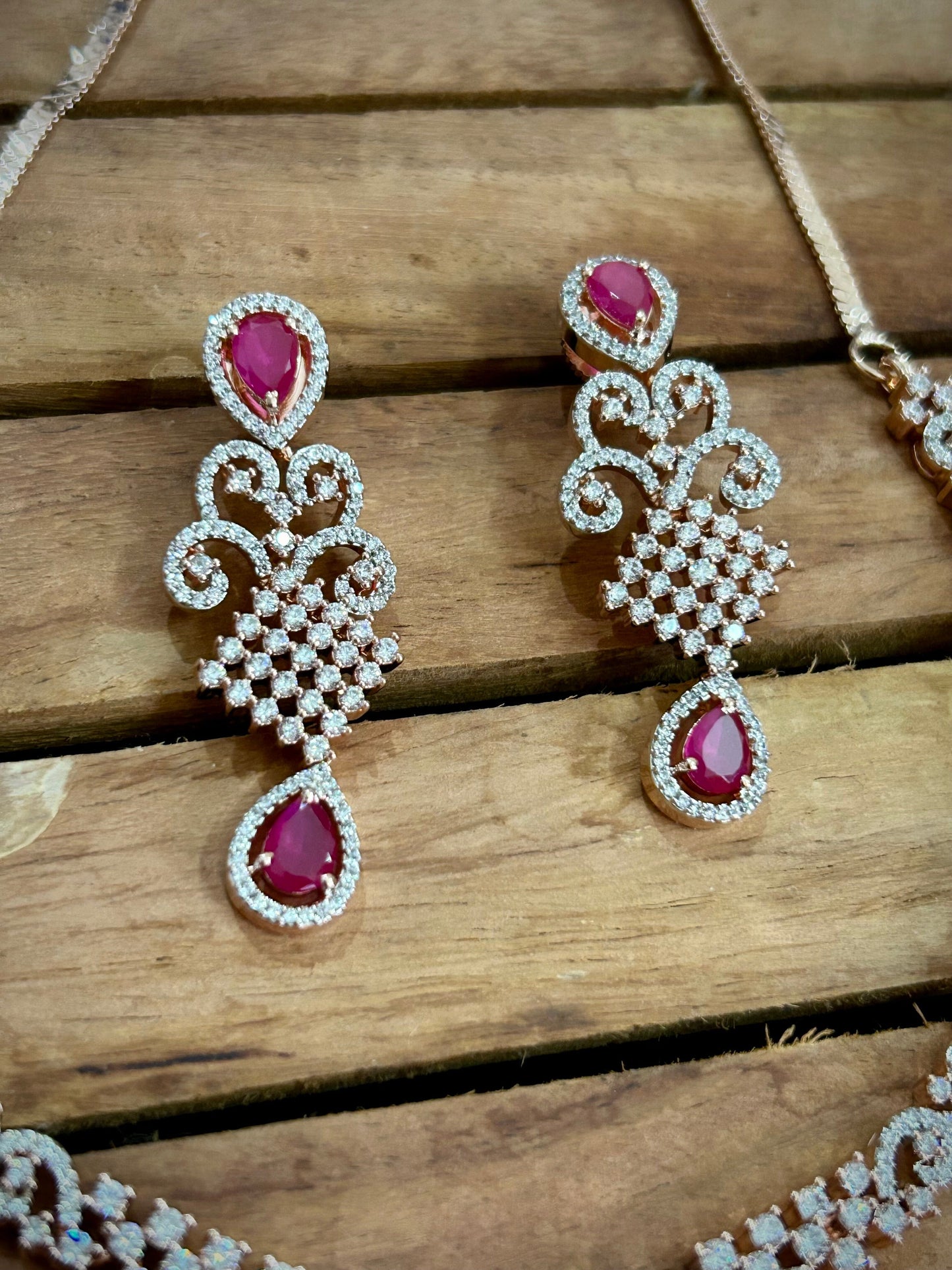 American Diamond necklace with pink stones and rose gold polish