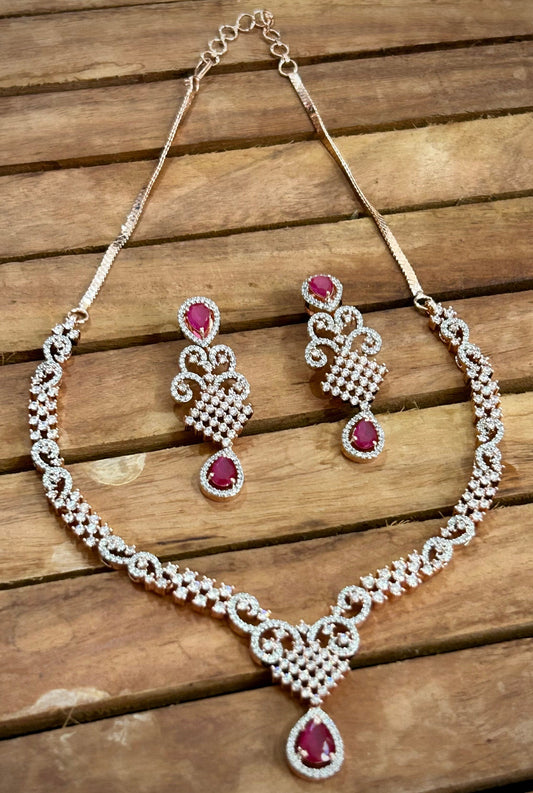 American Diamond necklace with pink stones and rose gold polish
