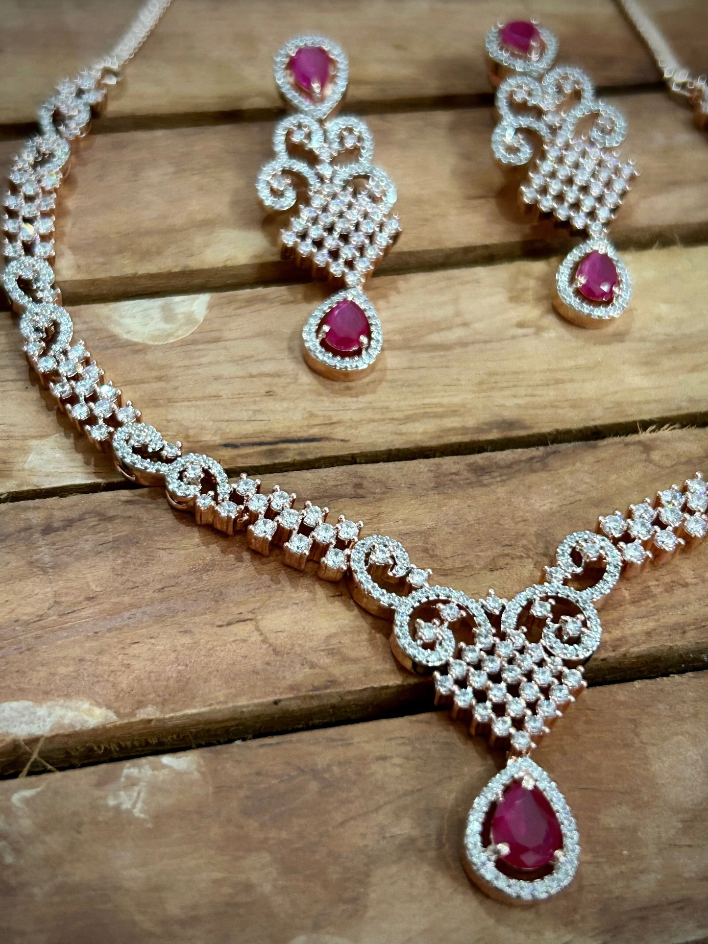 American Diamond necklace with pink stones and rose gold polish