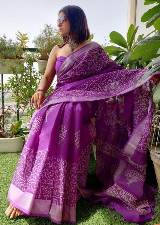 Bagru Print Linen Cotton Saree with Blouse