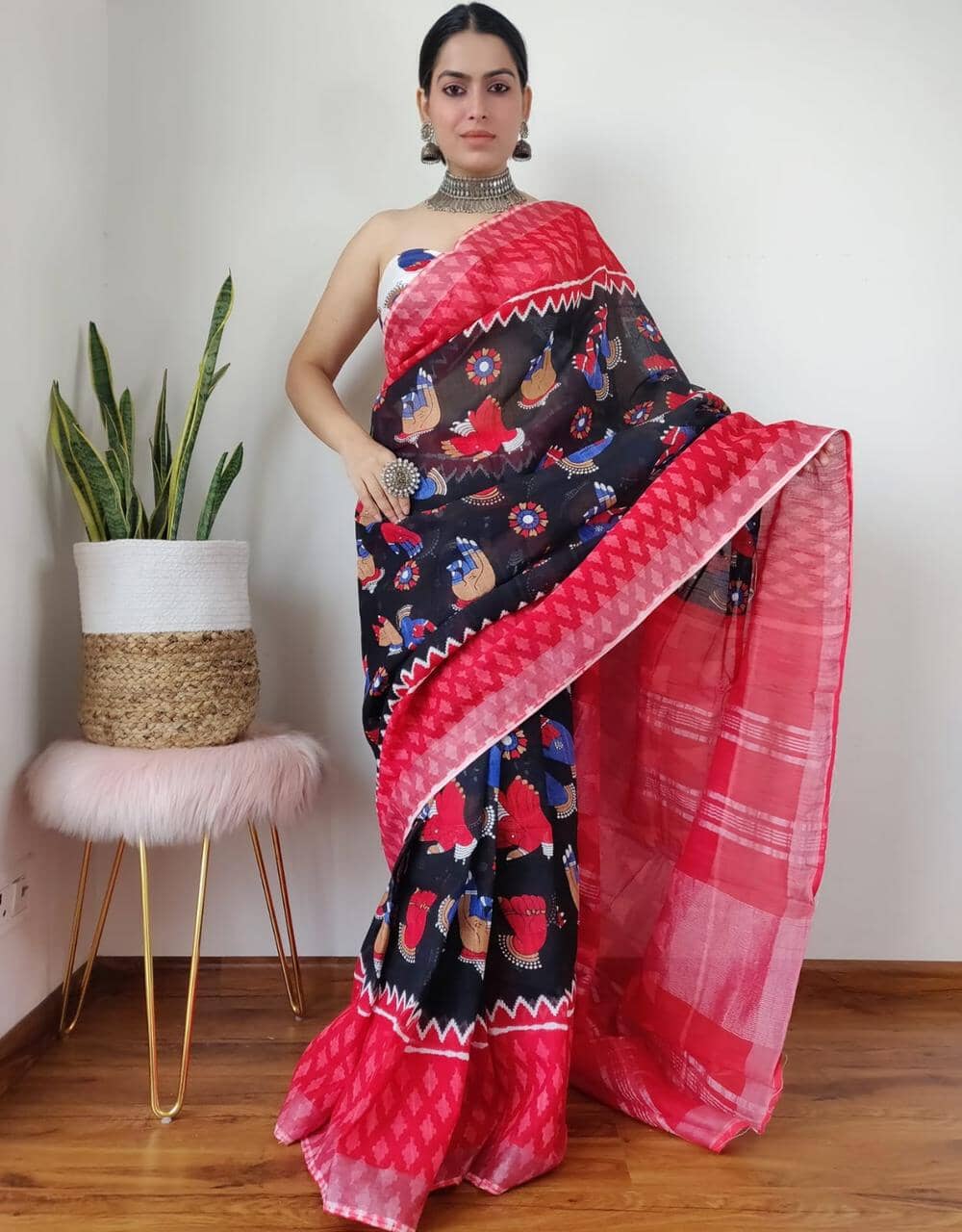 Bagru Print Linen Cotton Saree with Blouse