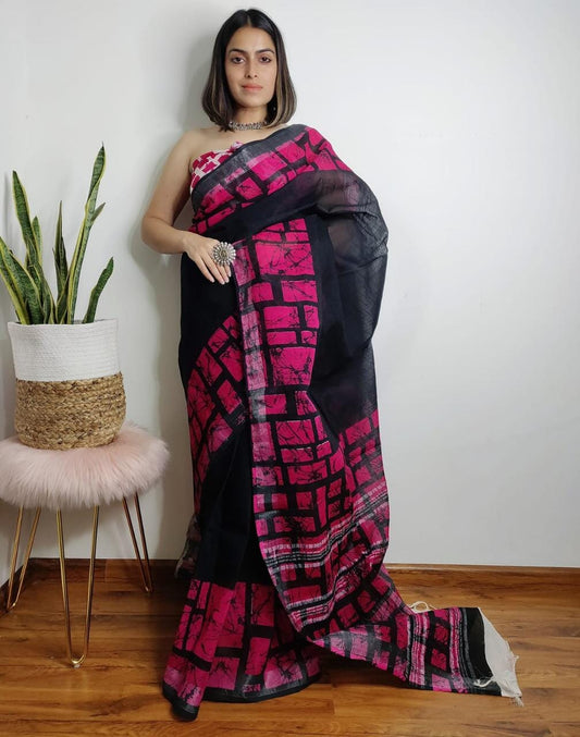 Bagru Print Linen Cotton Saree with Blouse