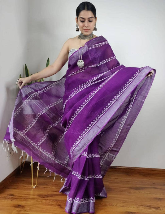 Bagru Print Linen Cotton Saree with Blouse
