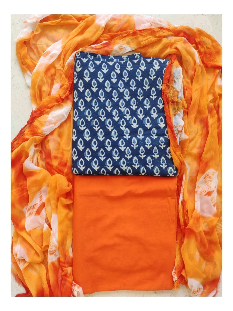 Bagru Print Cotton Dress Material with Chiffon Dupatta