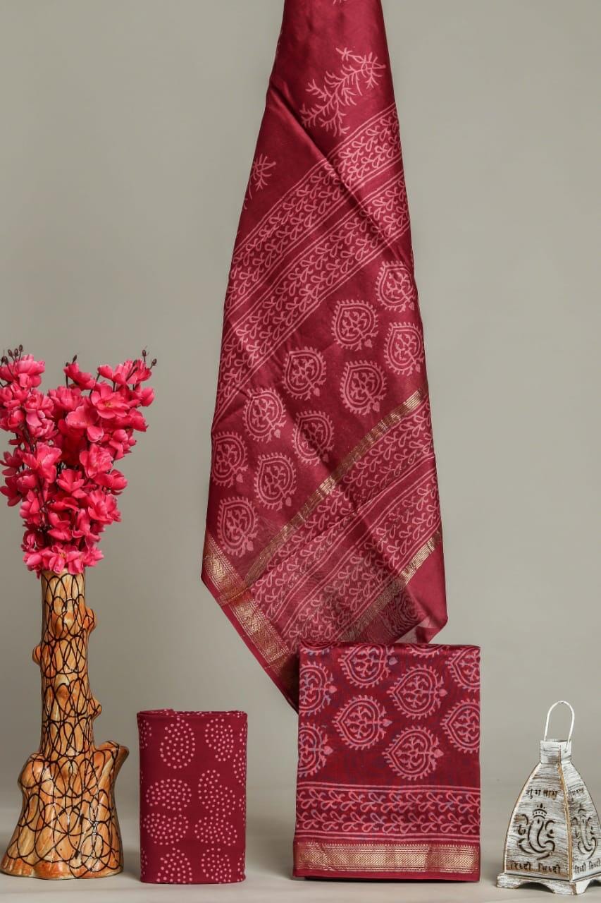 Bagru Hand Block Print Maheshwari Silk Dress Material
