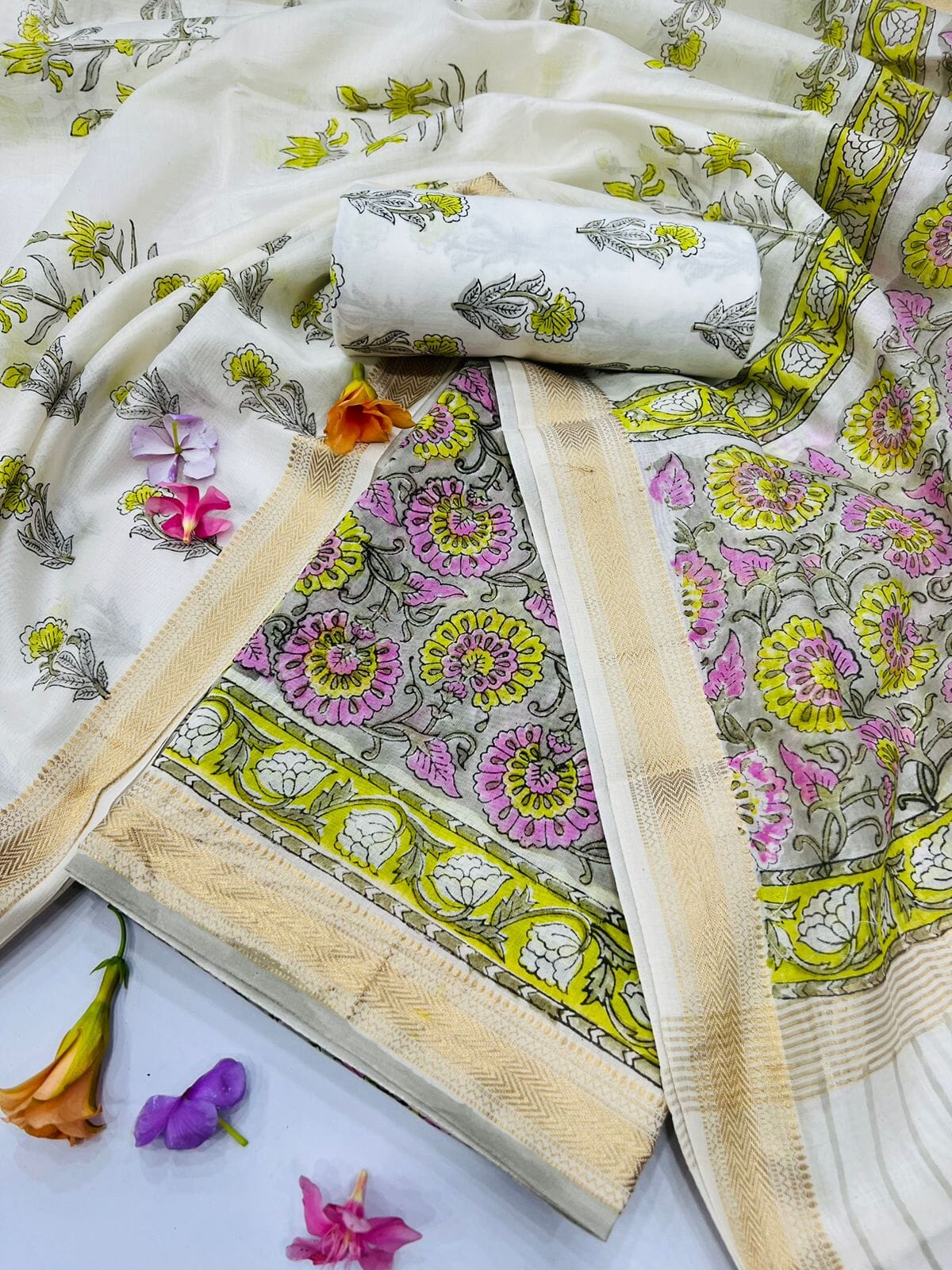 Bagru Hand Block Print Maheshwari Silk Dress Material